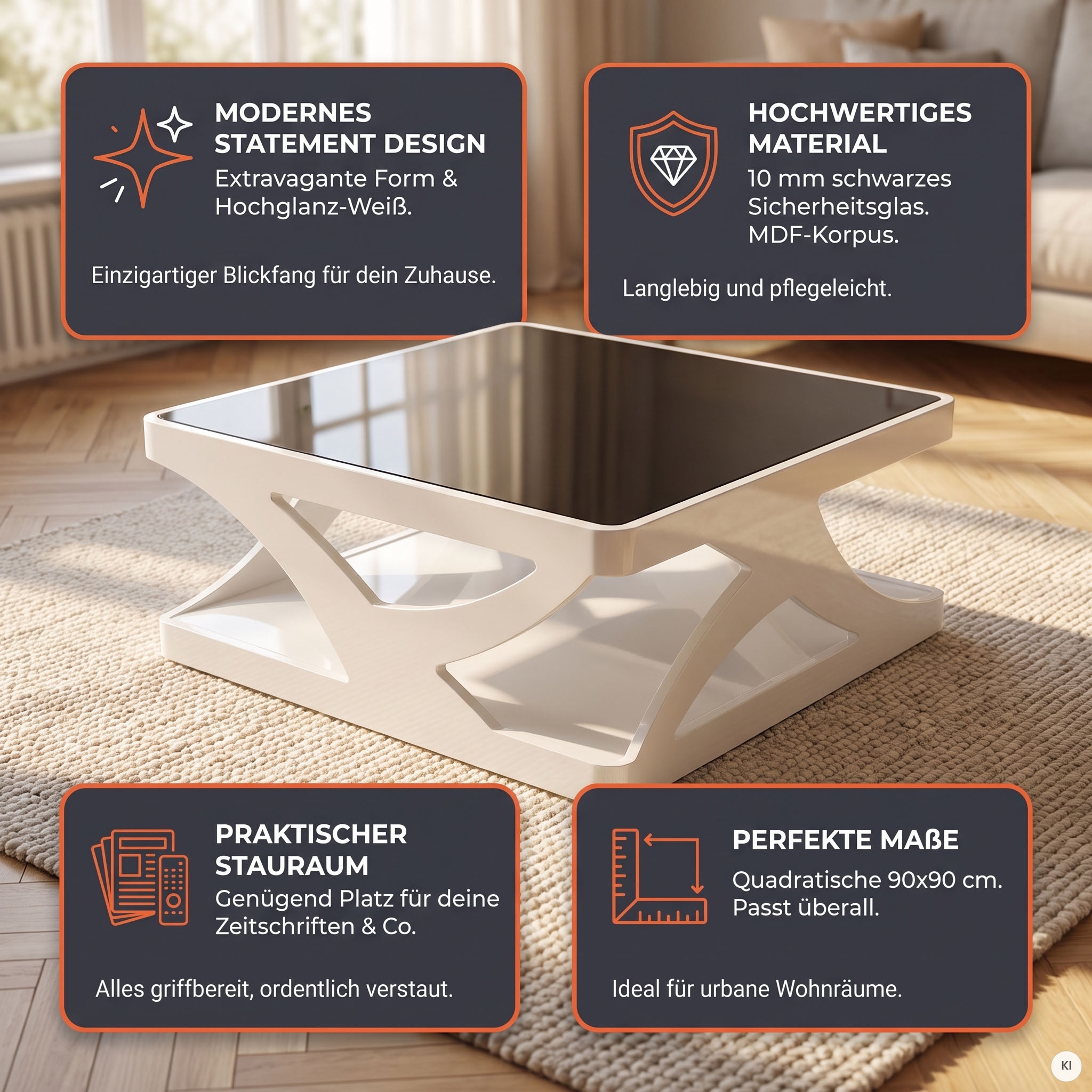 SalesFever Table basse »Lacona Coffeetable mit stilvollem Aussehen« Plaque en verre noir 10 mm, rectangulaire ou carrée