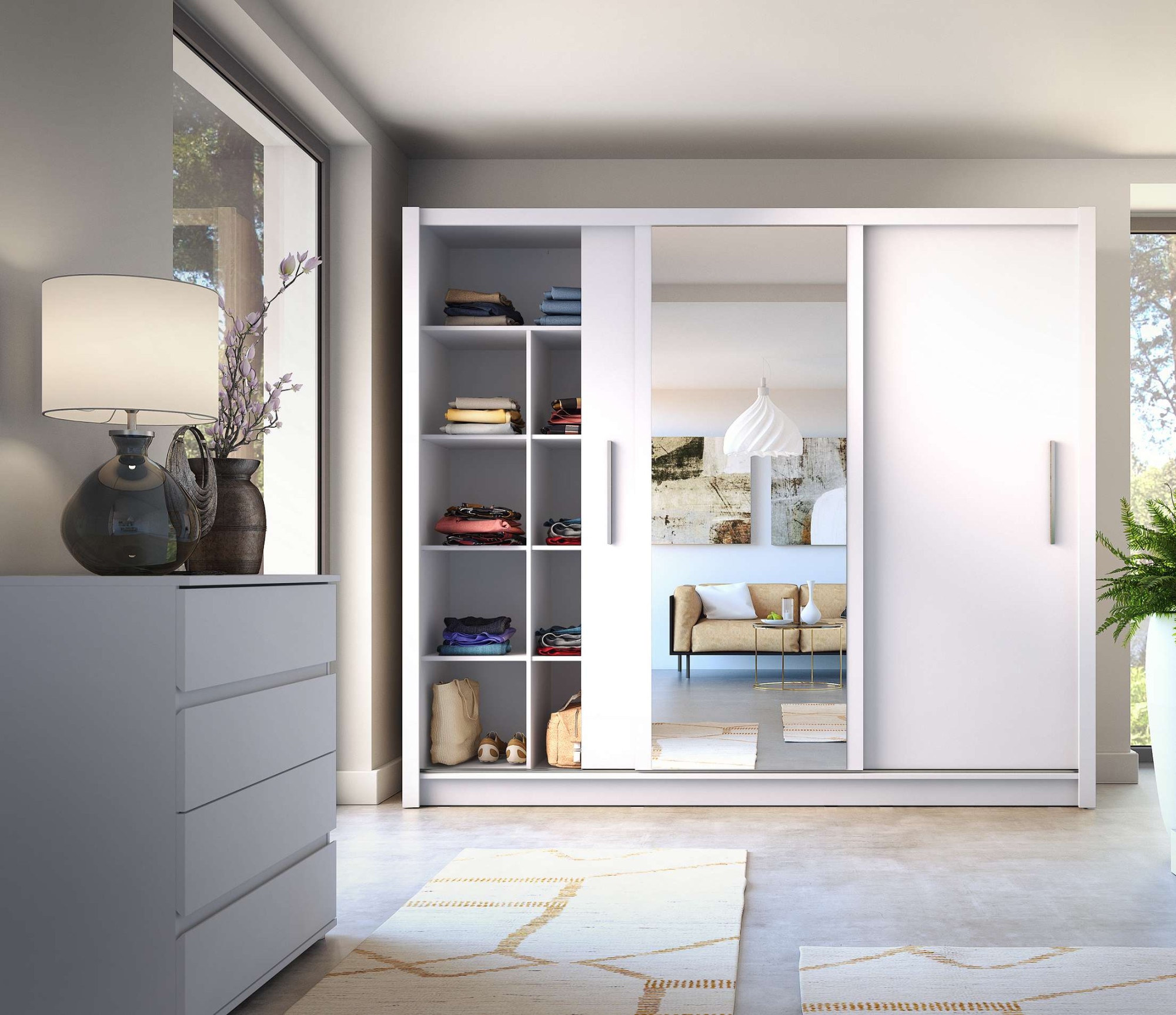 Home affaire Kleiderschrank »BELAVIEN Schwebetürenschrank mit 15 Fächer, Kleiderstange und Spiegel« Garderobe mit 3 Schwebetüren und Spiegel, Masse B/T/H: 247,8/61,6/215