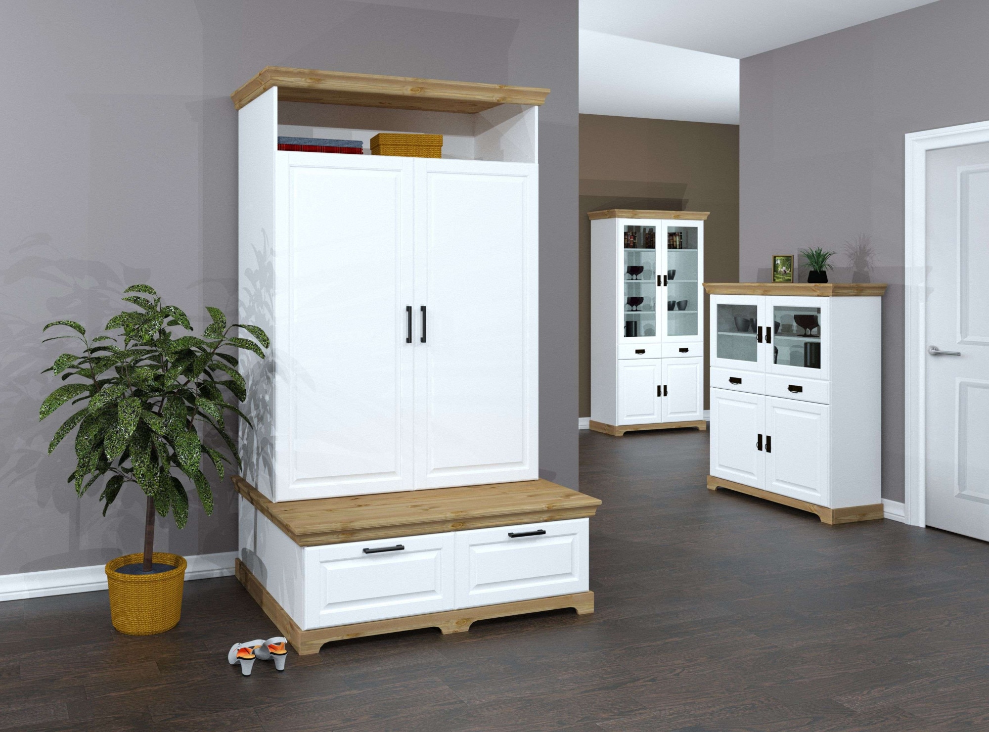 GOODproduct Kleiderschrank »Rügen Garderobenschrank, Drehtürenschrank, Schrank« FSC® zertifizierte massive Kiefer, Breite 127 cm, integrierte Bank