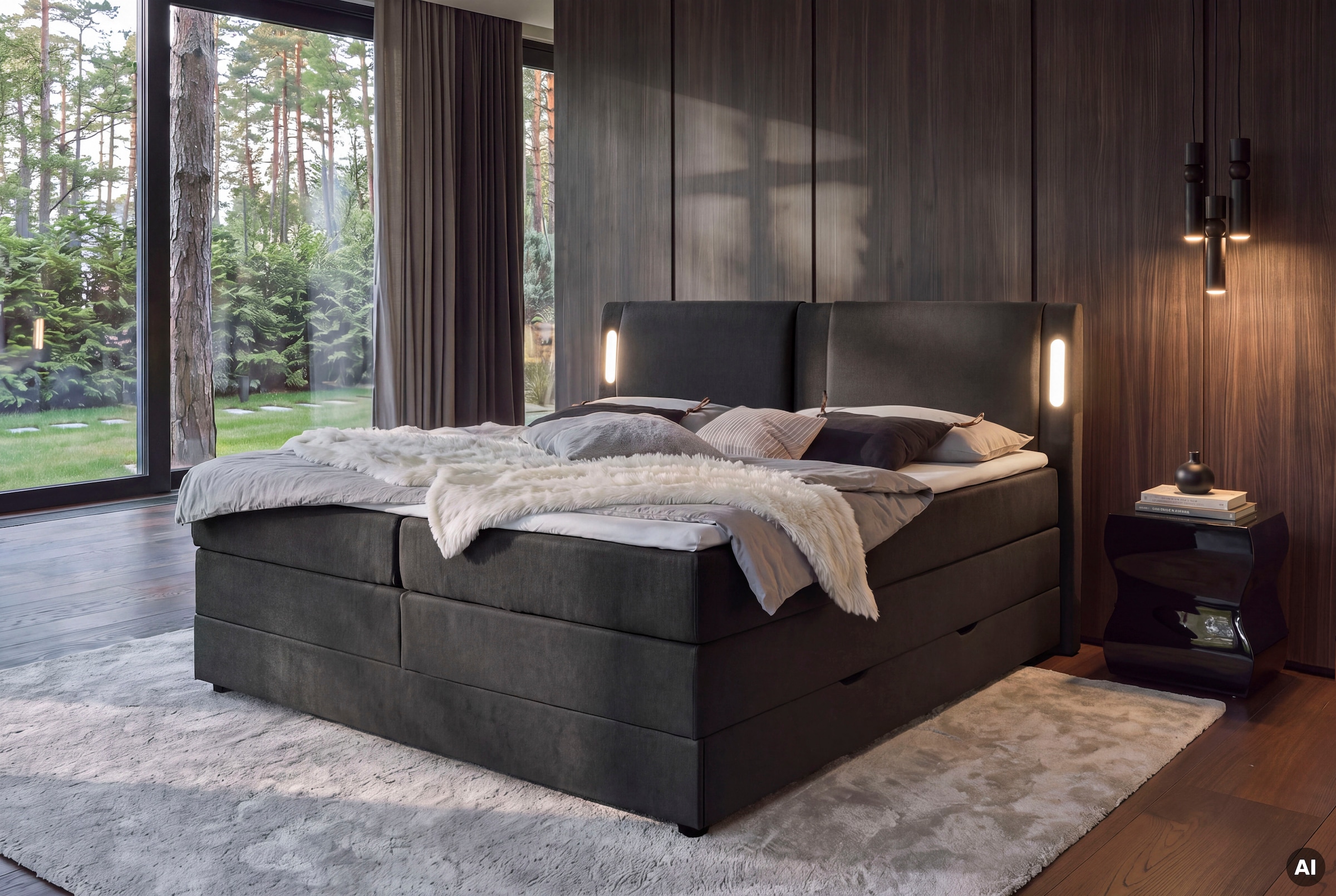 INOSIGN Lit de boxe »ELVERTA, Polsterbett mit Bettkasten, inkl. Taschenfederkernmatratze H3« avec surmatelas et éclairage LED, revêtement en tissu structuré, 180x200 cm