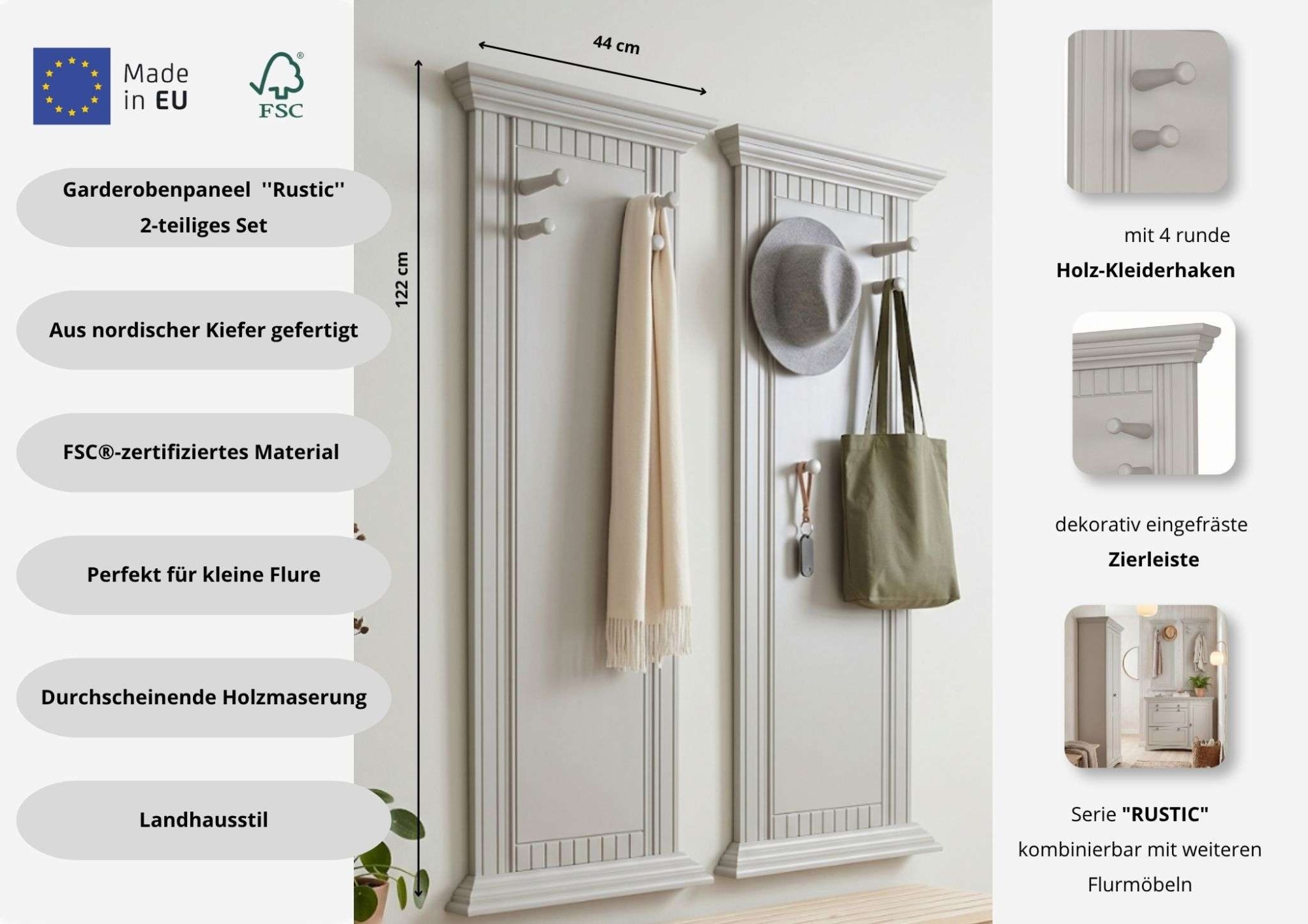 GOODproduct Garderobenpaneel »Rustic« 2 Stk. tlg. (2 Stück), aus massiver Kiefer, mit dekorativen Fräsungen