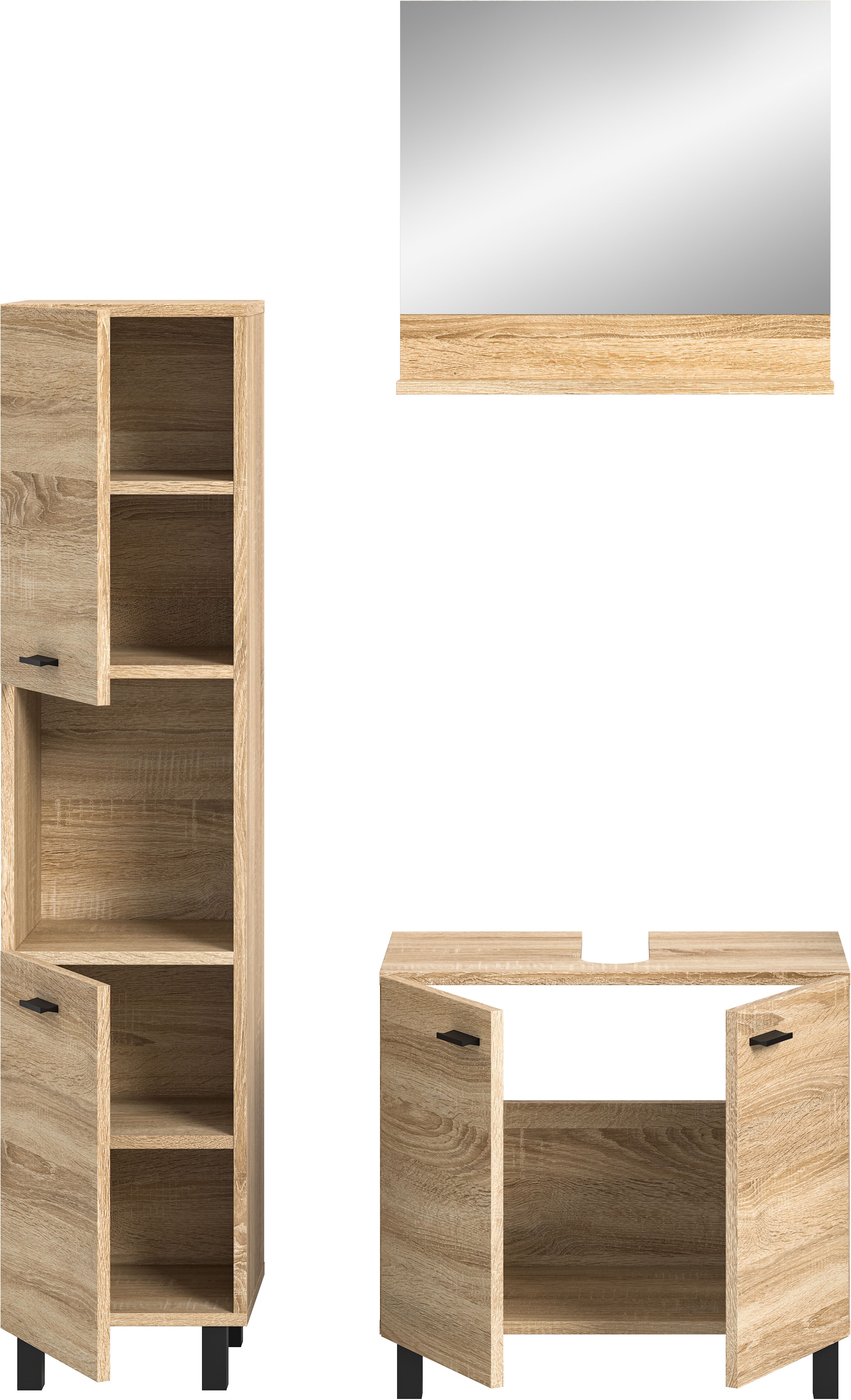 welltime Badmöbel-Set »Tampa, Breite 102cm, 3-teilig«, (3 St.), Waschbeckenunterschrank, Spiegel, Hochschrank