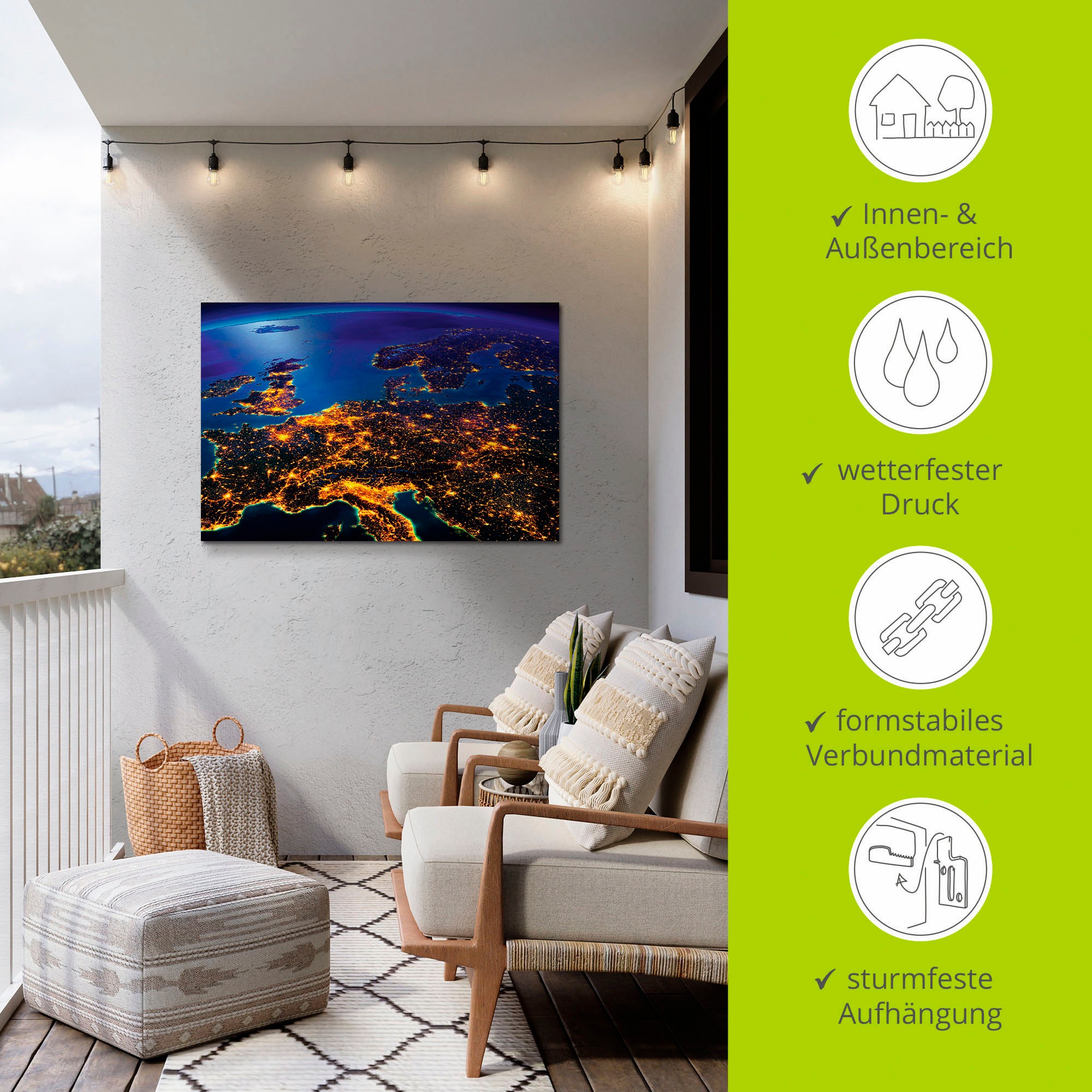 Artland Wandbild »Zentral Europa vom Weltraum« Weltall & Kosmos 1 Stk. tlg. für Innen- und Aussenbereich geeignet, Outdoorbild