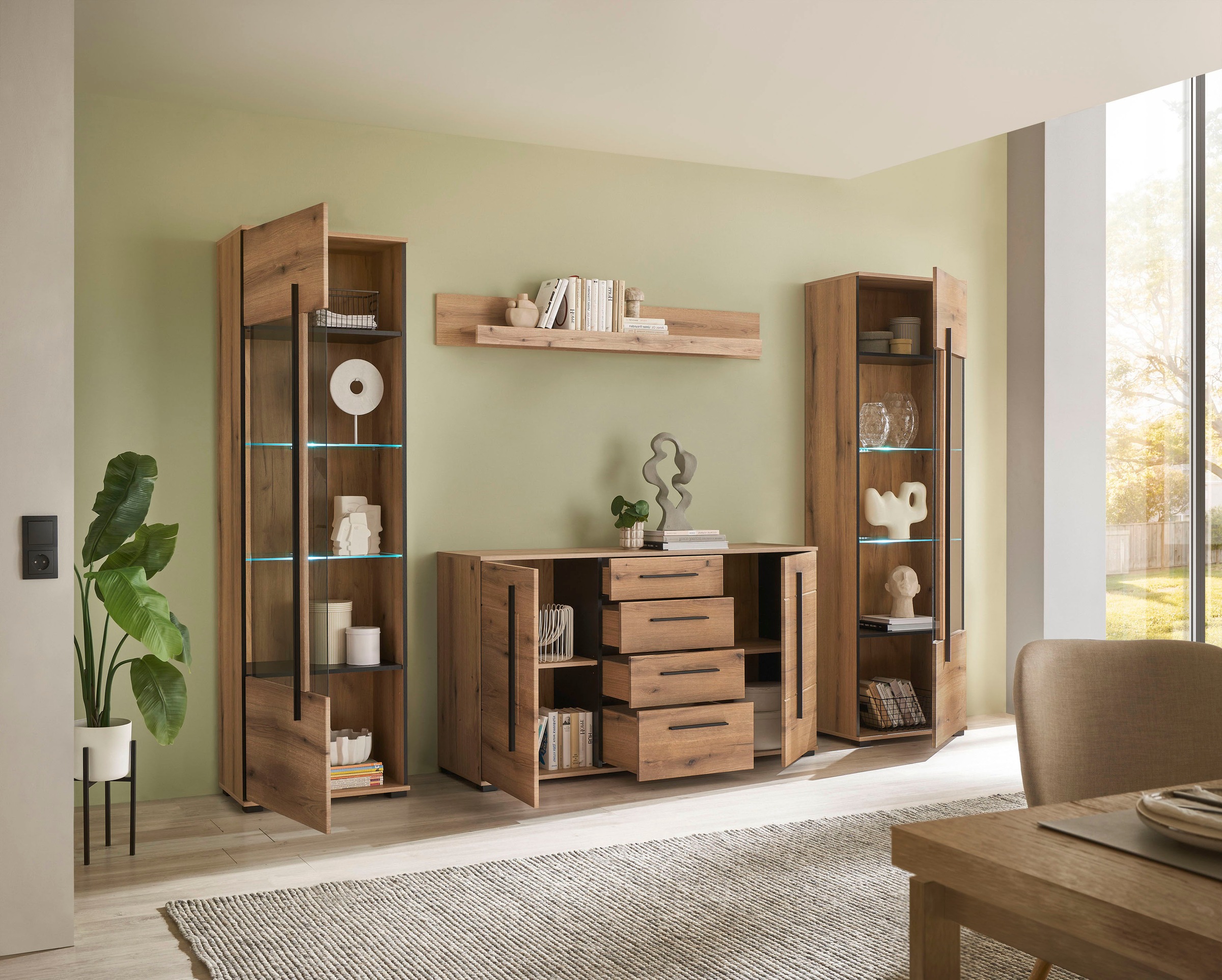 INOSIGN Wohnwand »Cantara, moderne Anbauwand, Wohnzimmer-Set, in Eiche Evoke oder Weiss«, (Set), enthält zwei Vitrinen, ein Sideboard und ein Wandboard