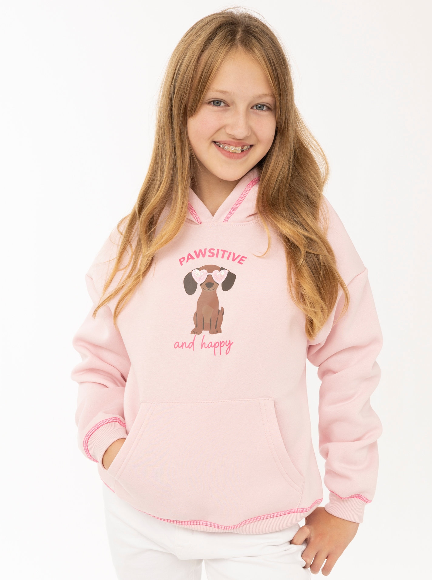Image of Zwillingsherz Sweatshirt ""Pawsitive"", fröhlicher Dackel-Print, Kapuze, Kängurutasche