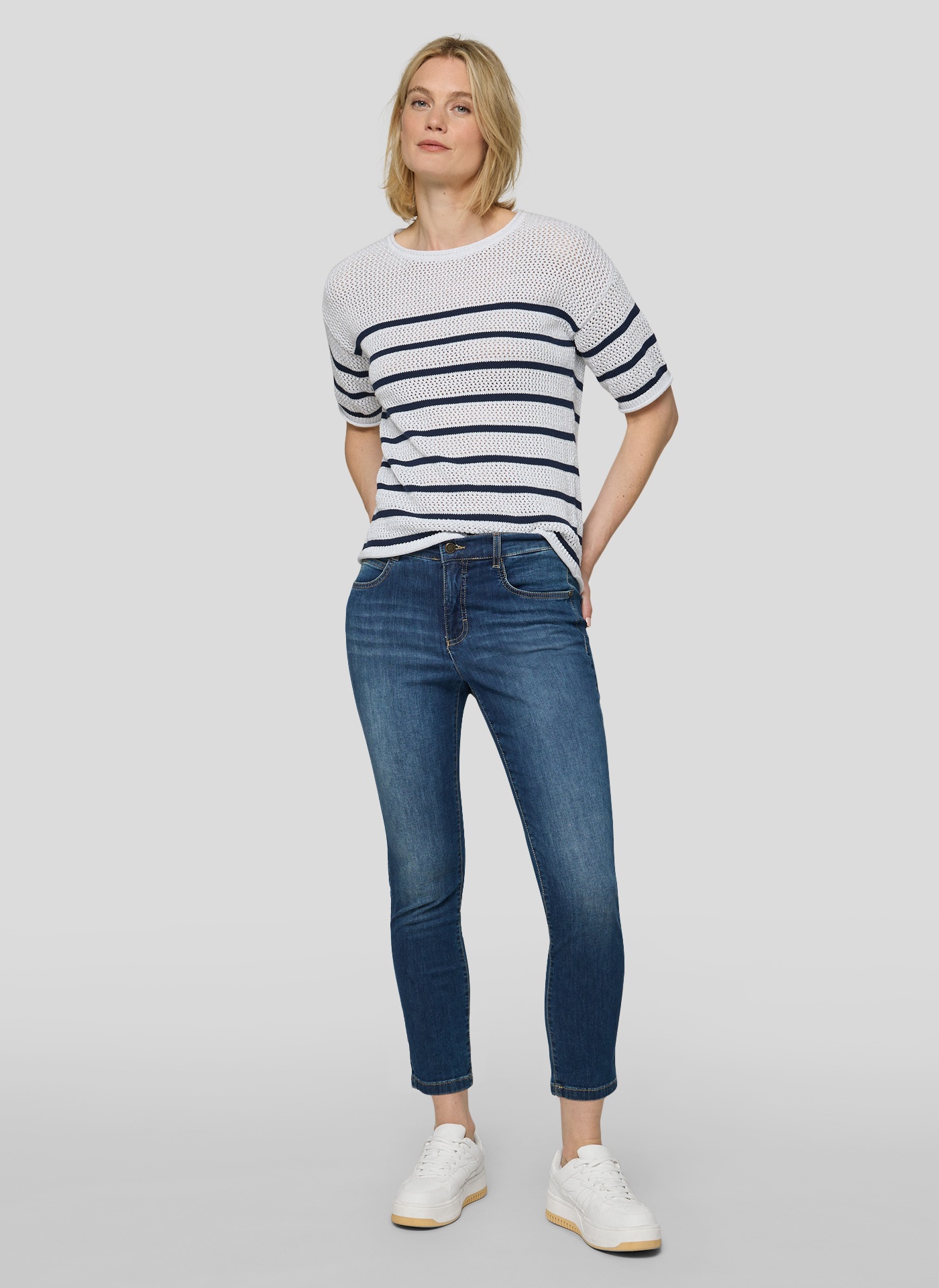 Rabe Pull en tricot Halbarm-Strickpullover mit Streifen und im Häkel-Look