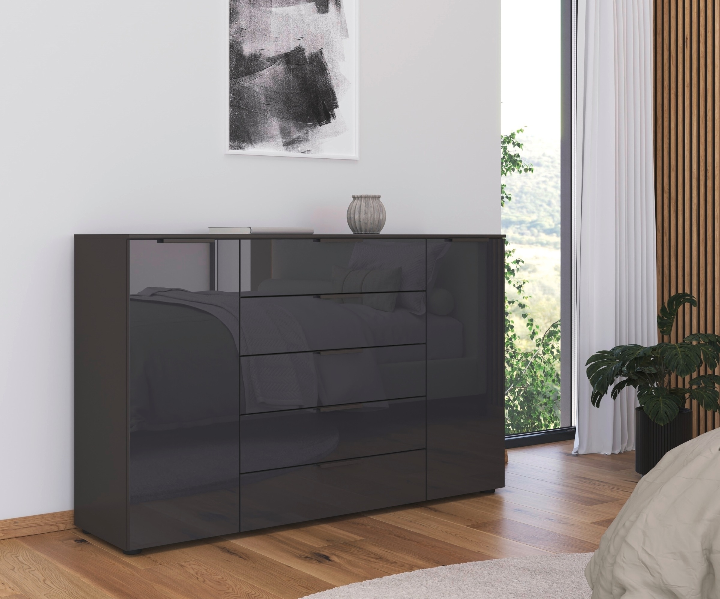rauch Schubkastenkommode "Kommode Türkommode Sideboard Kombikommode FLIPP mit Glasfront" Breite 160/180 cm mit 4 Einlegeböden, 2-trg mit 5 Schubladen und Soft-Close, 2 Breiten MADE IN GERMANY