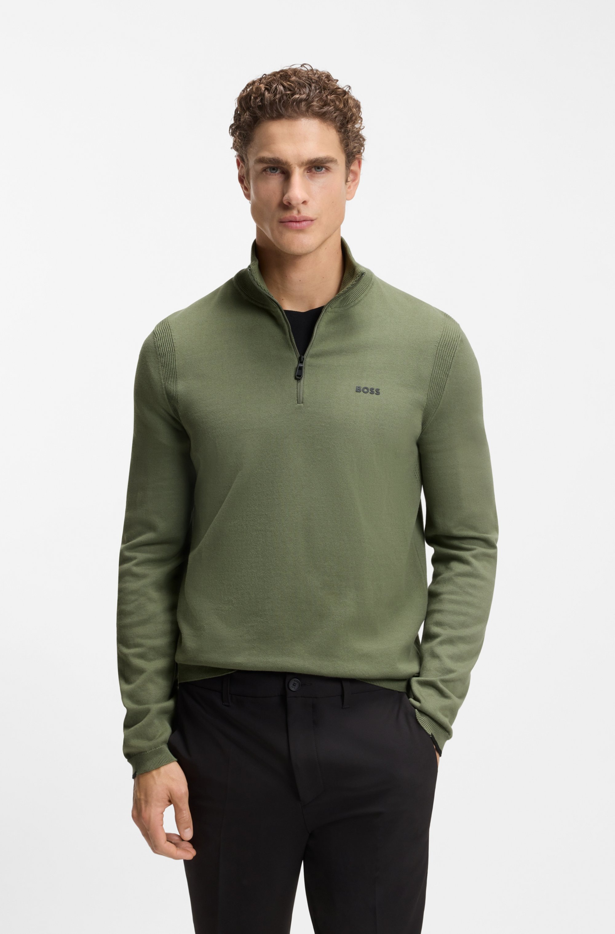 Image of BOSS GREEN Strickpullover Stehkragen mit Reissverschluss, Regular fit, Logo-Print