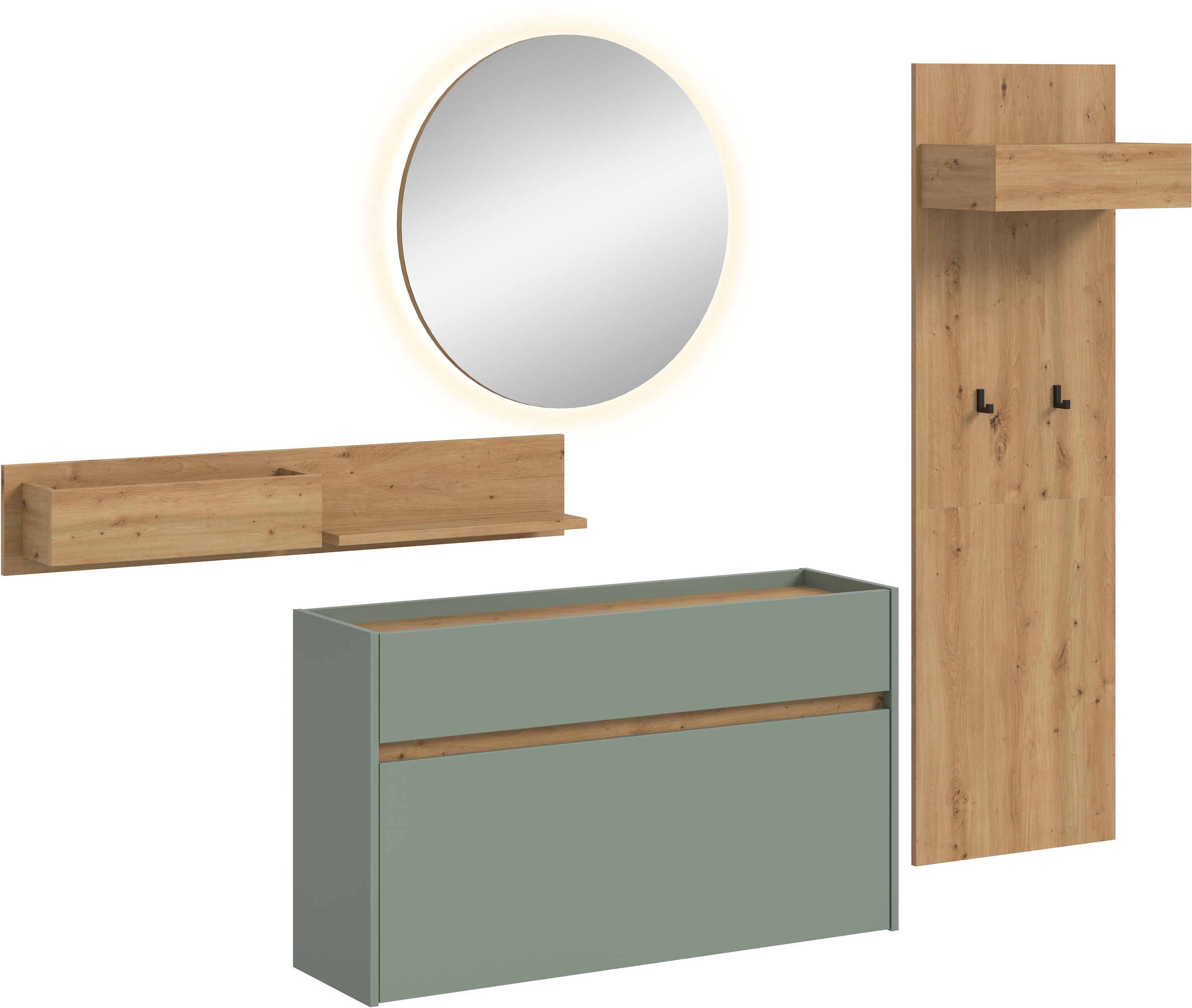 Home affaire Garderoben-Set »EVRID, 4-teilig, Breite 205 cm, inkl. Beleuchtung« best. aus: Wandboard, Kommode, Spiegel, Garderobenpaneel, 4 Stk. tlg.