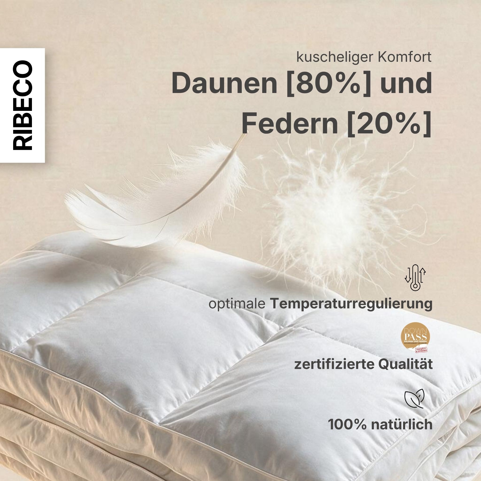 RIBECO Couette en duvet »Bettdecke in 135x200 und 155x220cm Topseller,« ultra-chaud Füllung 80 duvet 20 plumes 1 cuis tlg. Duvet et plumes, Made in Germany, avec coussin 80x80 cm offert