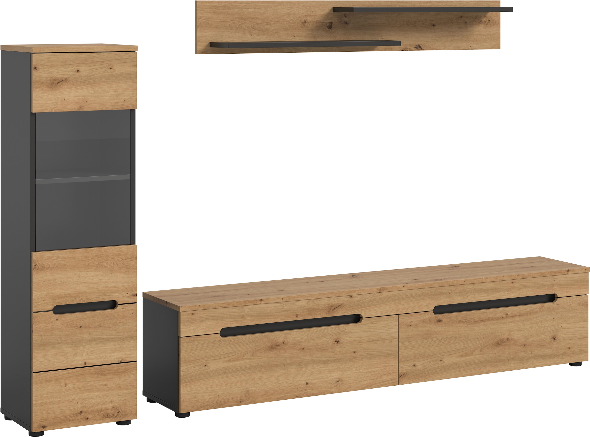 Image of Home affaire Wohnwand "REHAT, TOPSELLER, 3-teilig, wahlweise stehend und hängend montierbar" Set bestehend aus: Vitrine, Lowboard und Wandboard, 2 Stk. tlg.