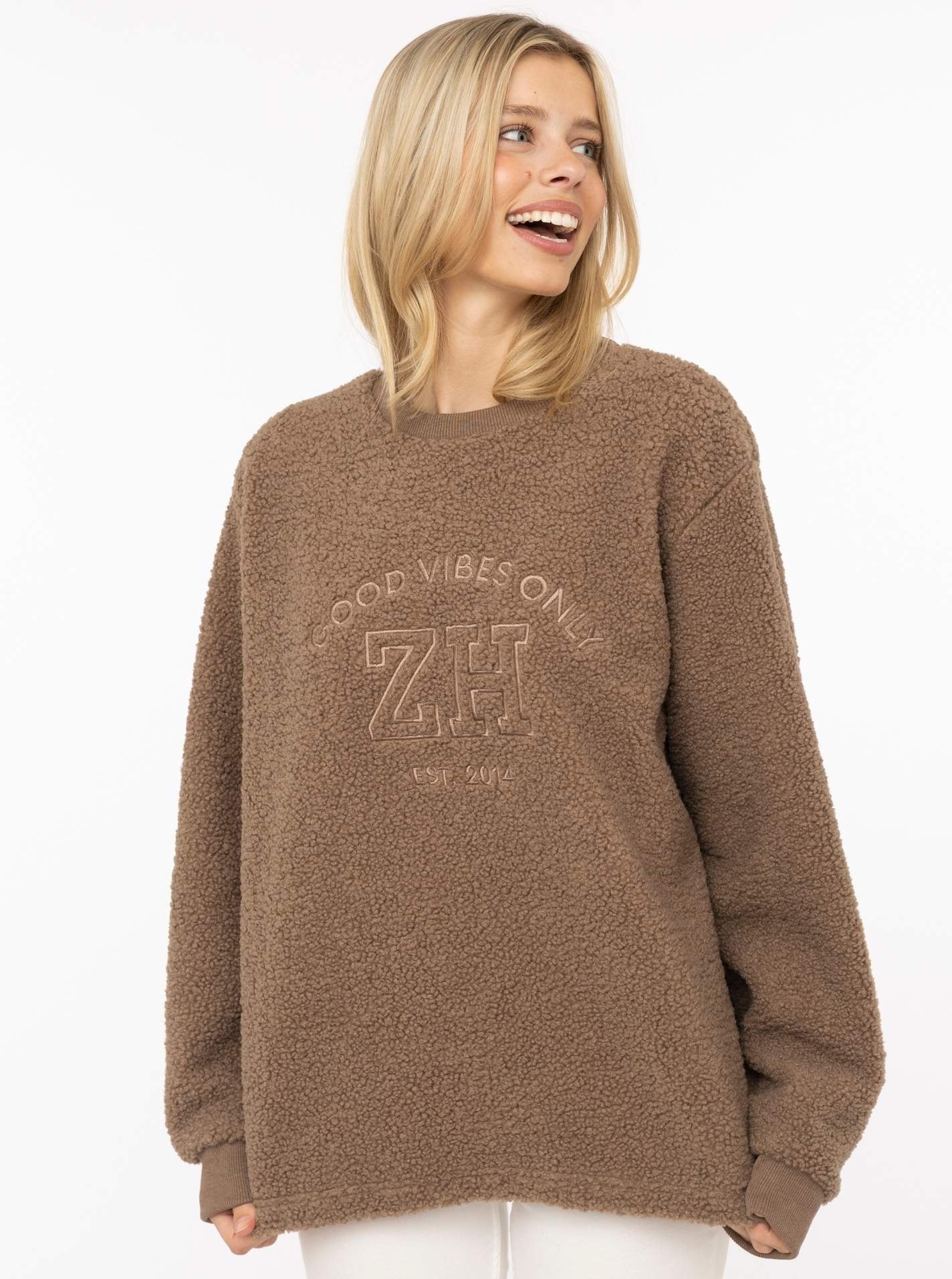 Image of Zwillingsherz Sweatshirt ""Good Vibes"", Teddy Sweater, Prägung auf Vorderseite, Rundhals, Ärmelbündchen