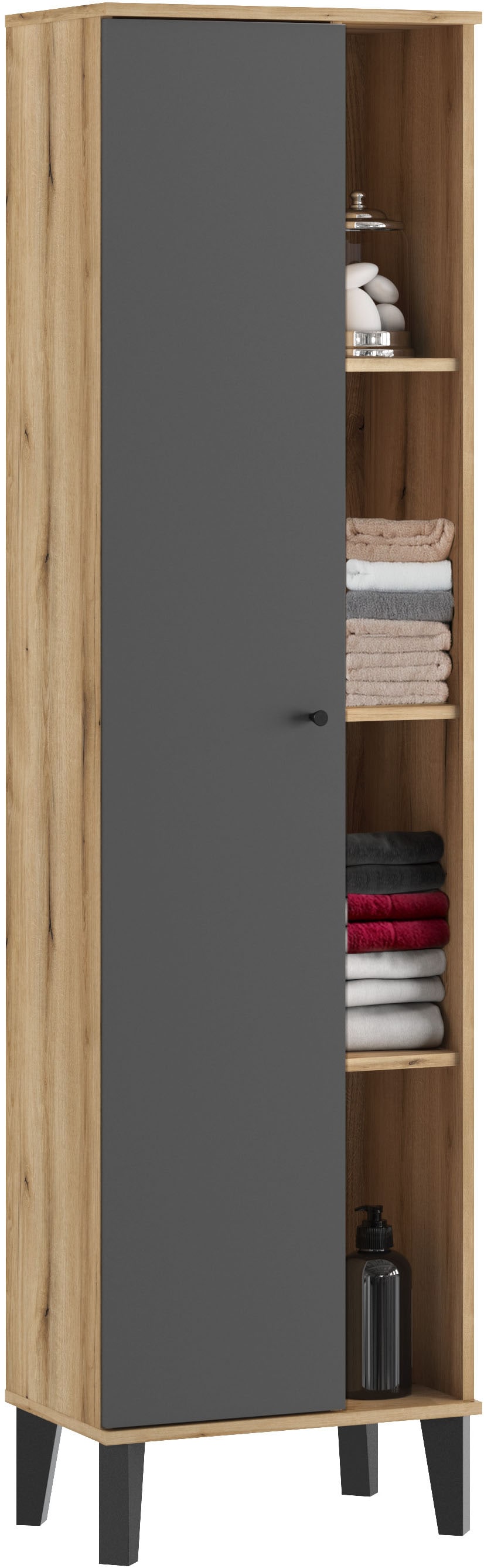 INOSIGN Stauraumschrank »Oslo, Badschrank mit Knopfgriff, Hochschrank im skandinavischen Design« in der Türfarbe Weiss oder Grau verfügbar, ausreichend Stauraum