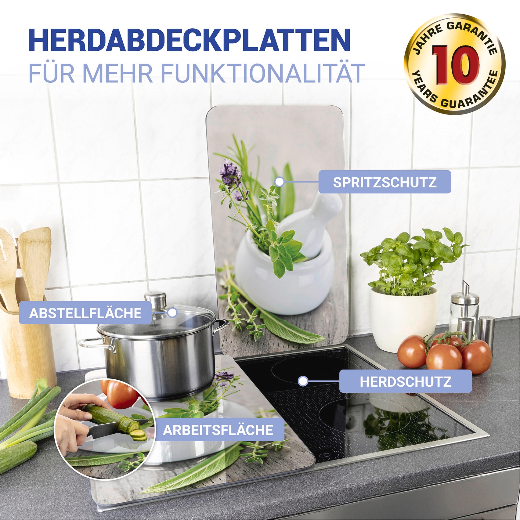 WENKO Herd-Abdeckplatte »Universal Modell Kräutergarten«, (Set, 2 tlg.), Herdabdeckung für alle Herdarten, kratzfest, mit rutschfesten Füssen