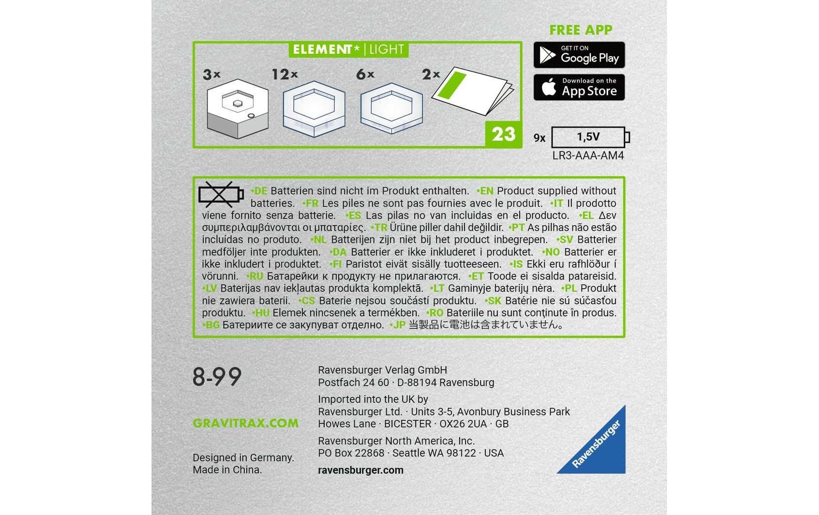 Ravensburger Kugelbahn »Zubehör GraviTrax Power Element Light«, (23 tlg.)