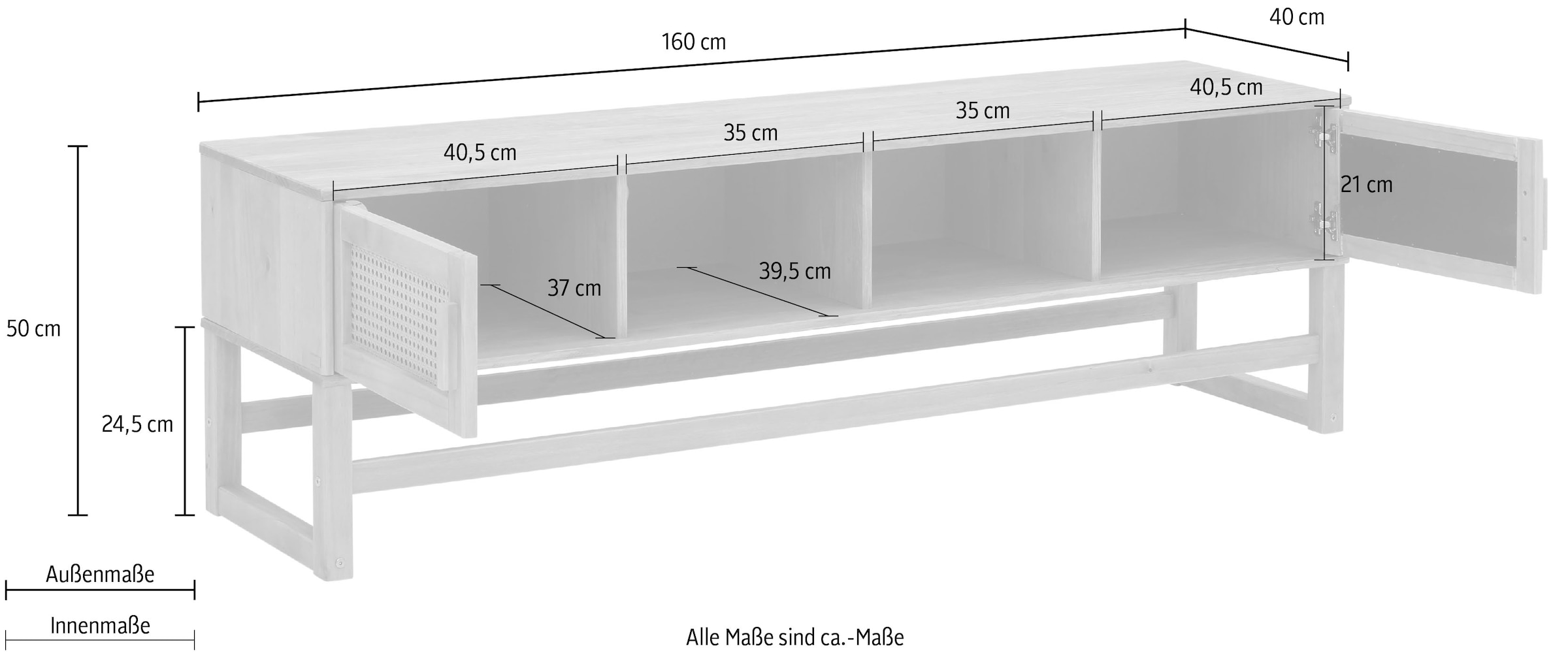 Home affaire Lowboard, Rattangeflecht auf den Türfronten, aus Massivholz, zwei Farbvarianten