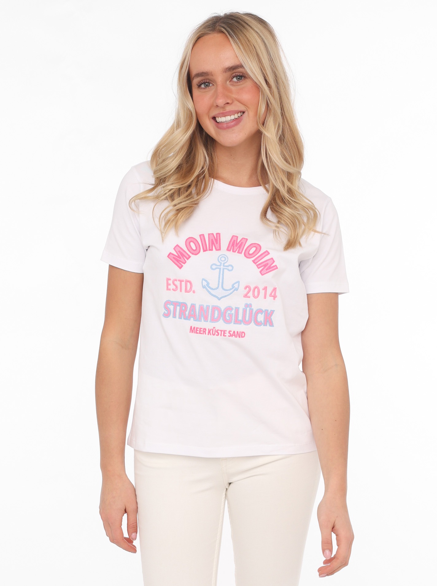 Image of Zwillingsherz T-Shirt ""Moin Moin"" Kurzarm, Rundhalsausschnitt, Stickerei, Schriftzüge