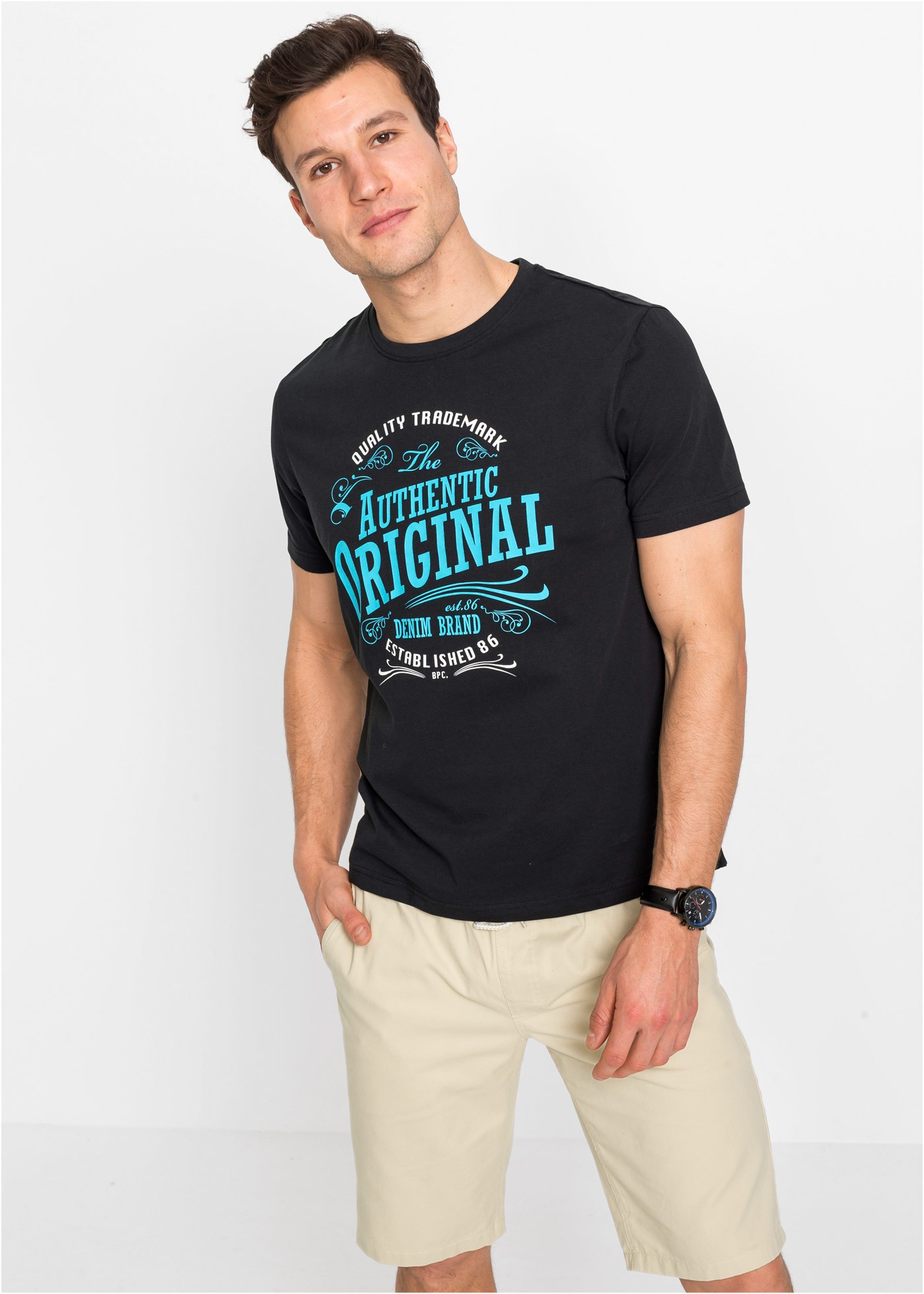 bonprix T-shirt Paquet, 2 cuis coupe régulière, manches courtes, en coton, avec impression frontale