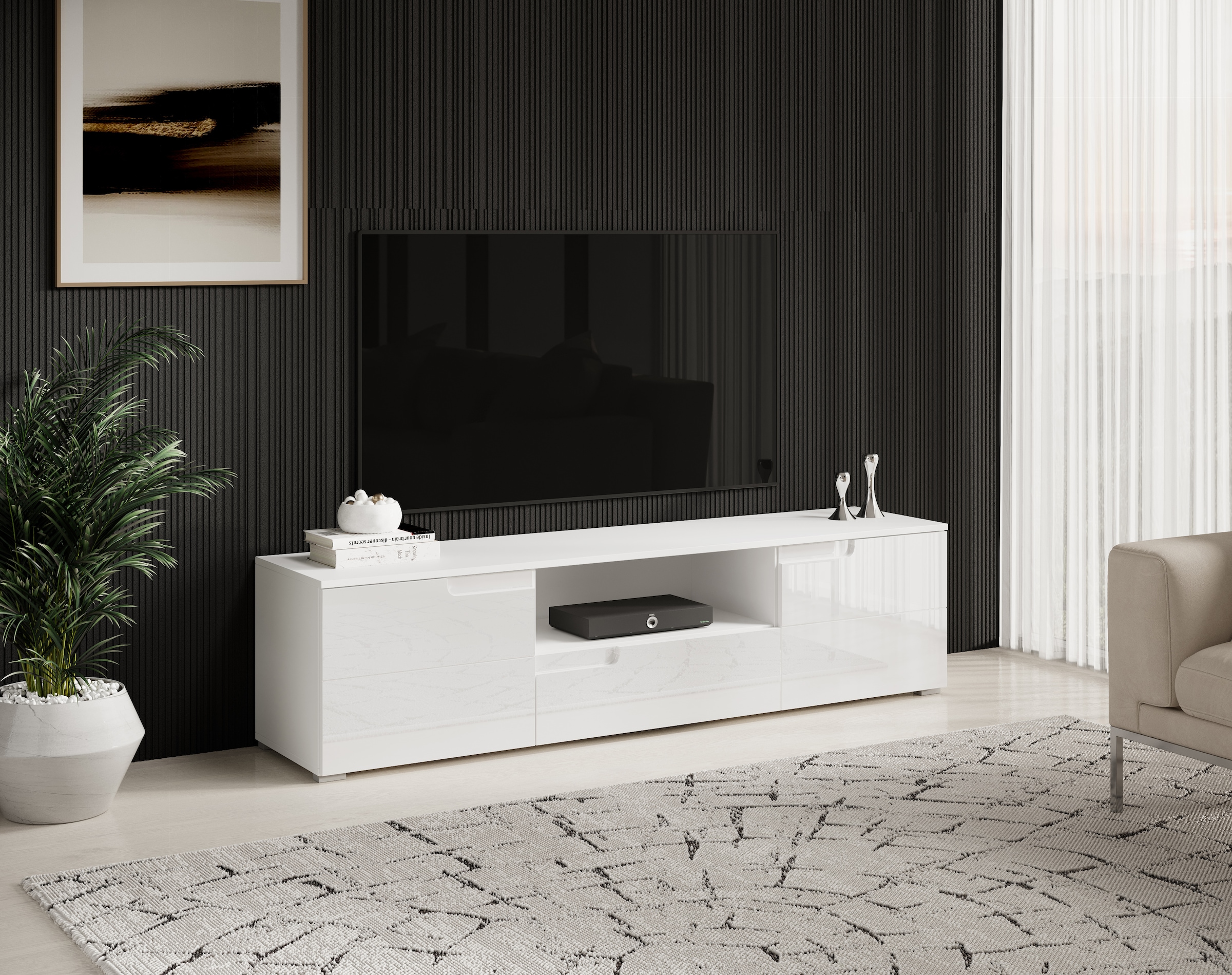 Image of HBZ Lowboard "Spice weiss Hochglanz, TV Schrank bis 65 Zoll, BxHxT 165x42x40 cm" 1 Stk. tlg. Mit 2 Türen, 1 Schubkasten, 1 Kabeldurchführung, 1 offenes Fach