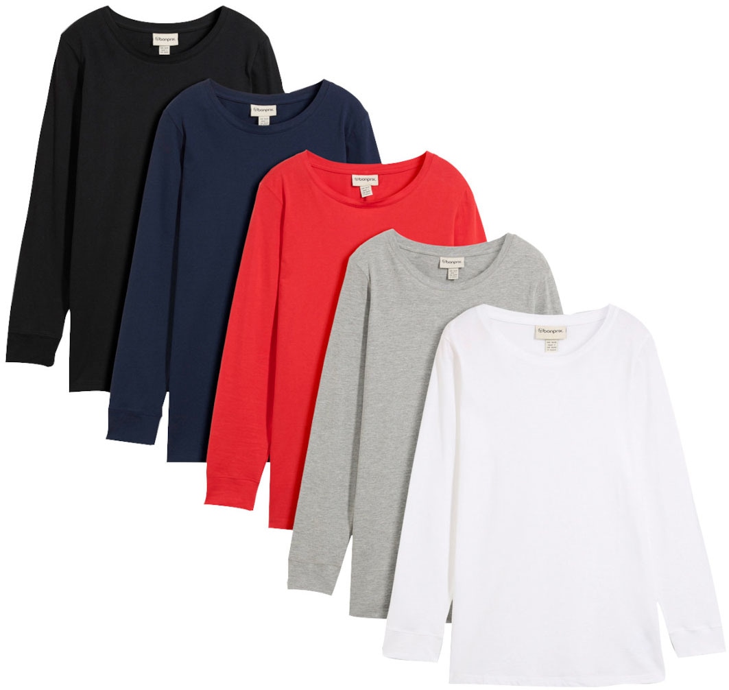 Image of bonprix Longshirt Packung, 5 Langarm, aus reiner Baumwolle, mit abgesetzten Bündchen am Ärmel