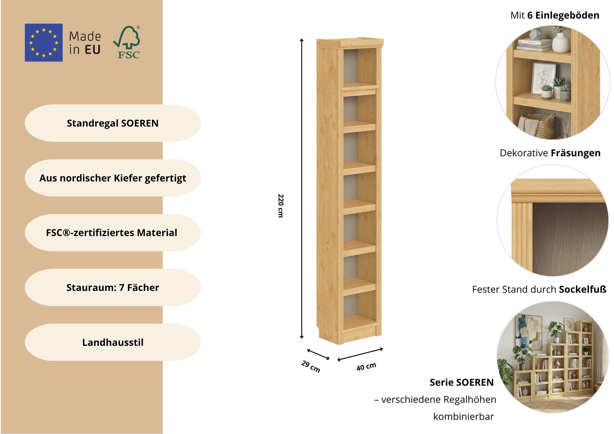 GOODproduct Étagère à livres »Soeren Regal B/T/H: 40/29/220 cm« Pin certifié FSC®, 7 compartiments et 6 étagères amovibles