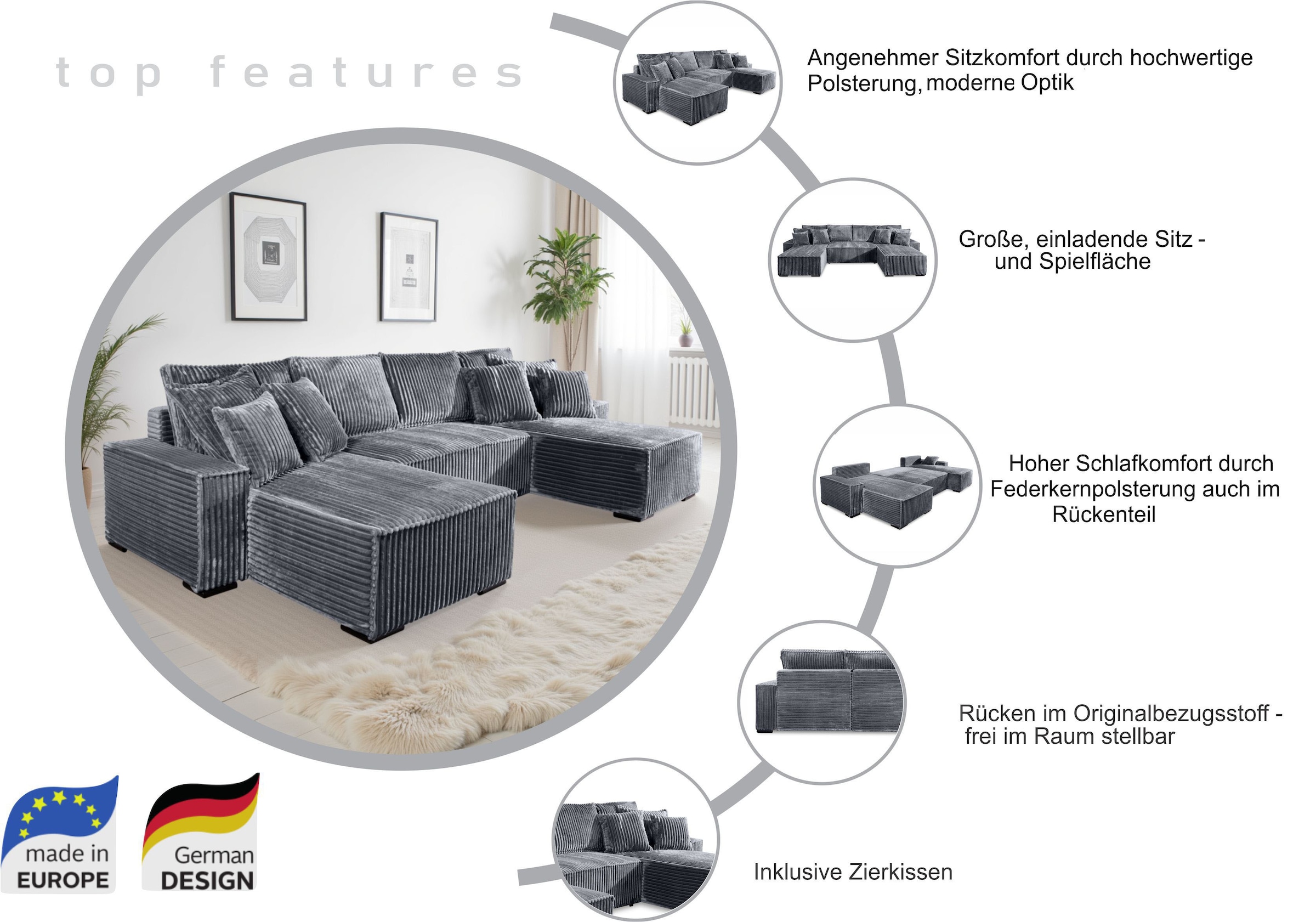 COLLECTION AB Paysage de salon »Manhattan, Breite 313 cm, Auswahl in zwei verschiedenen Cord-Bezügen« Wohnlandschaft,2  Ottomane,Bonnelfederkern,Schlaffunktion