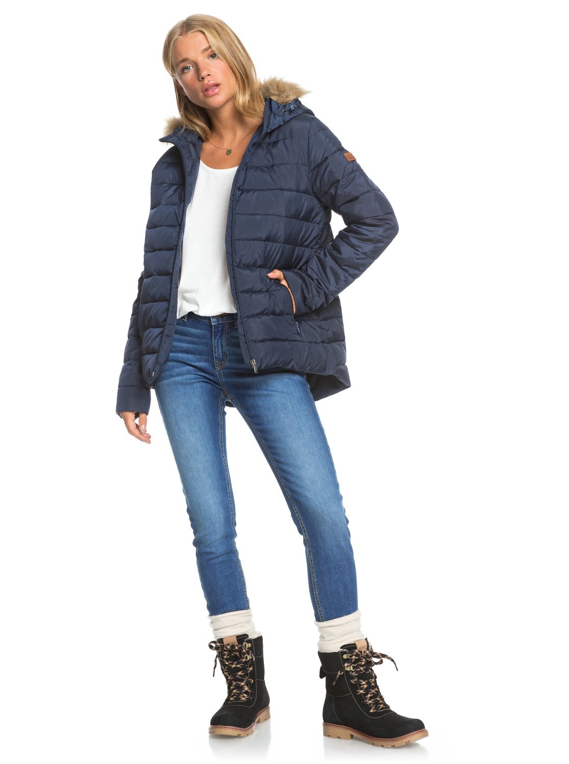 Roxy Daunenjacke »Rock Peak Fur«, mit Kapuze