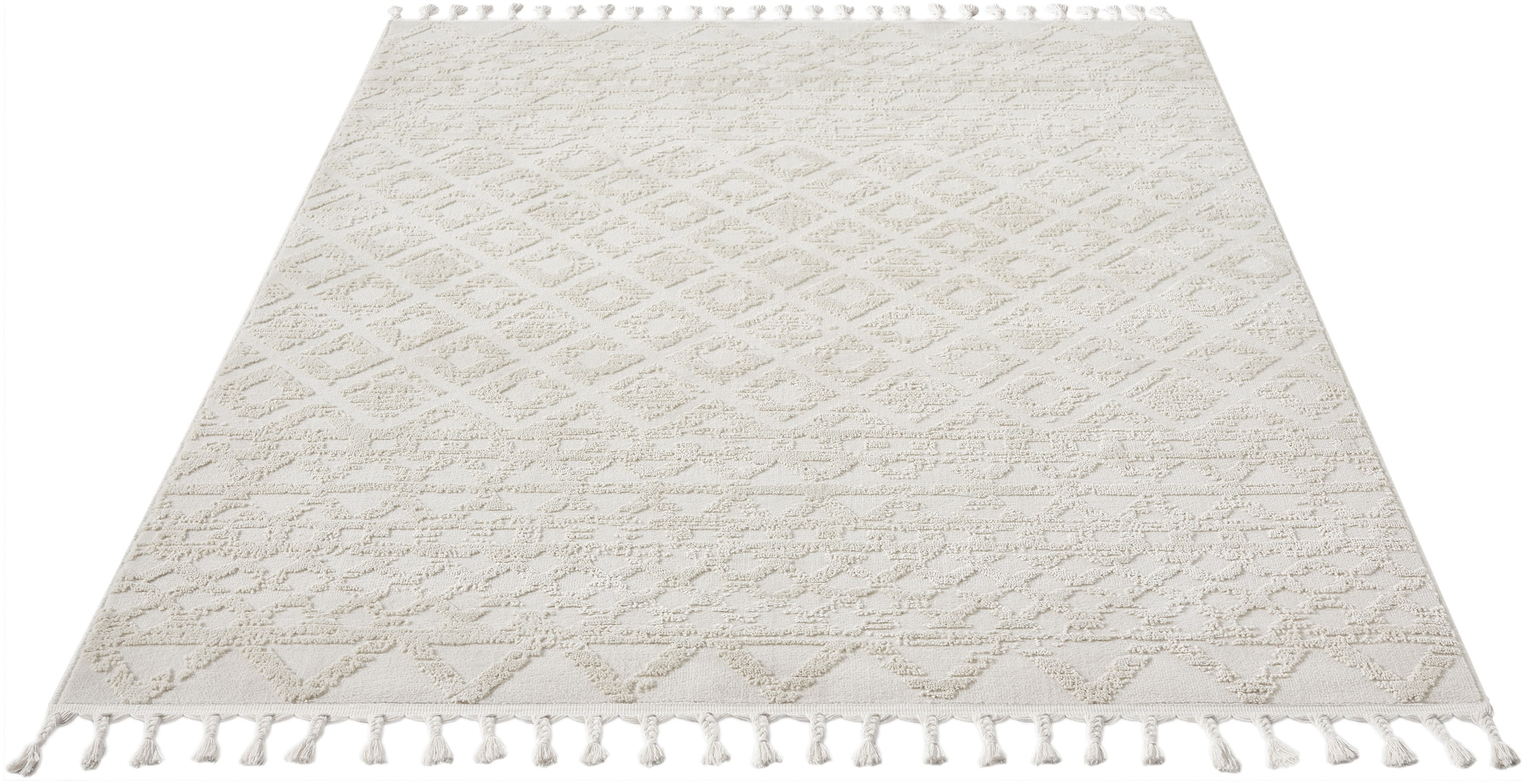 my home Tapis »Ribeyret« Rectangulaire 11 mm Höhe mit Fransen, Hoch-Tief-Struktur, Woll-Look, Boho-Style, Wohnzimmer