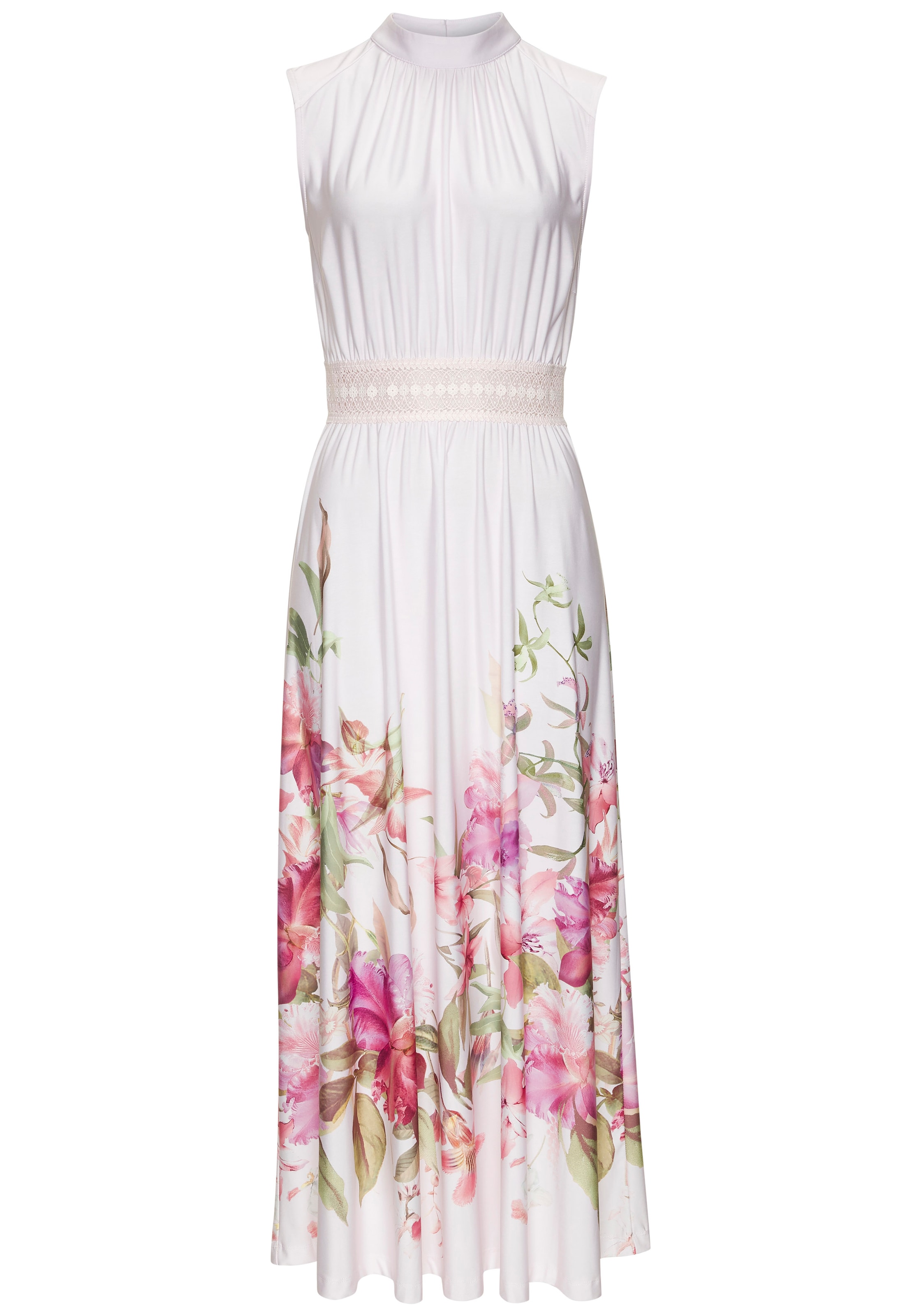LASCANA Maxi robe »aus glatter bügelfreier Ware« mit Blumendruck, Sommerkleid mit Spitzeneinsatz, Jerseykleid, festlich