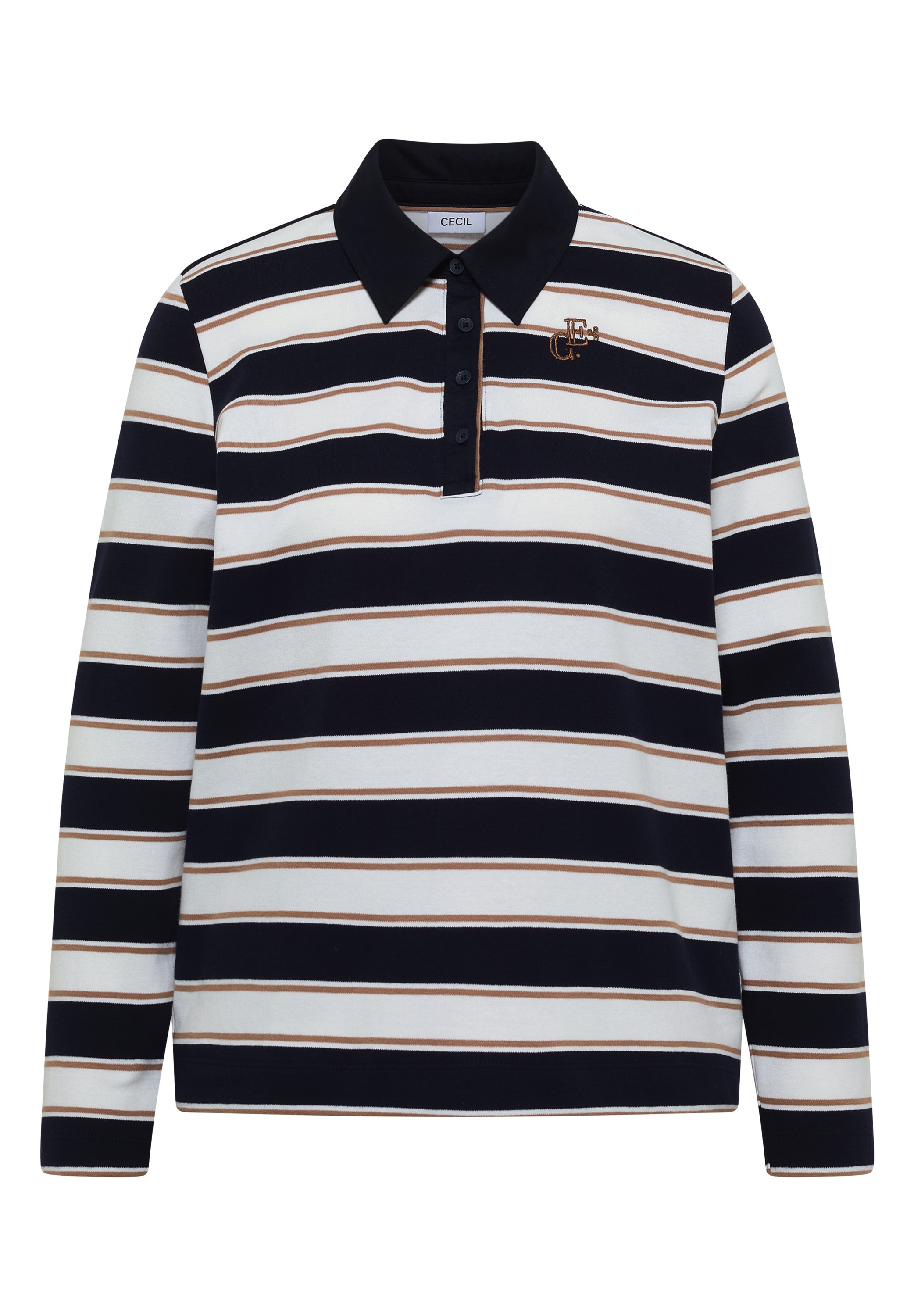Cecil Langarm-Poloshirt mit Streifen und Stickerei