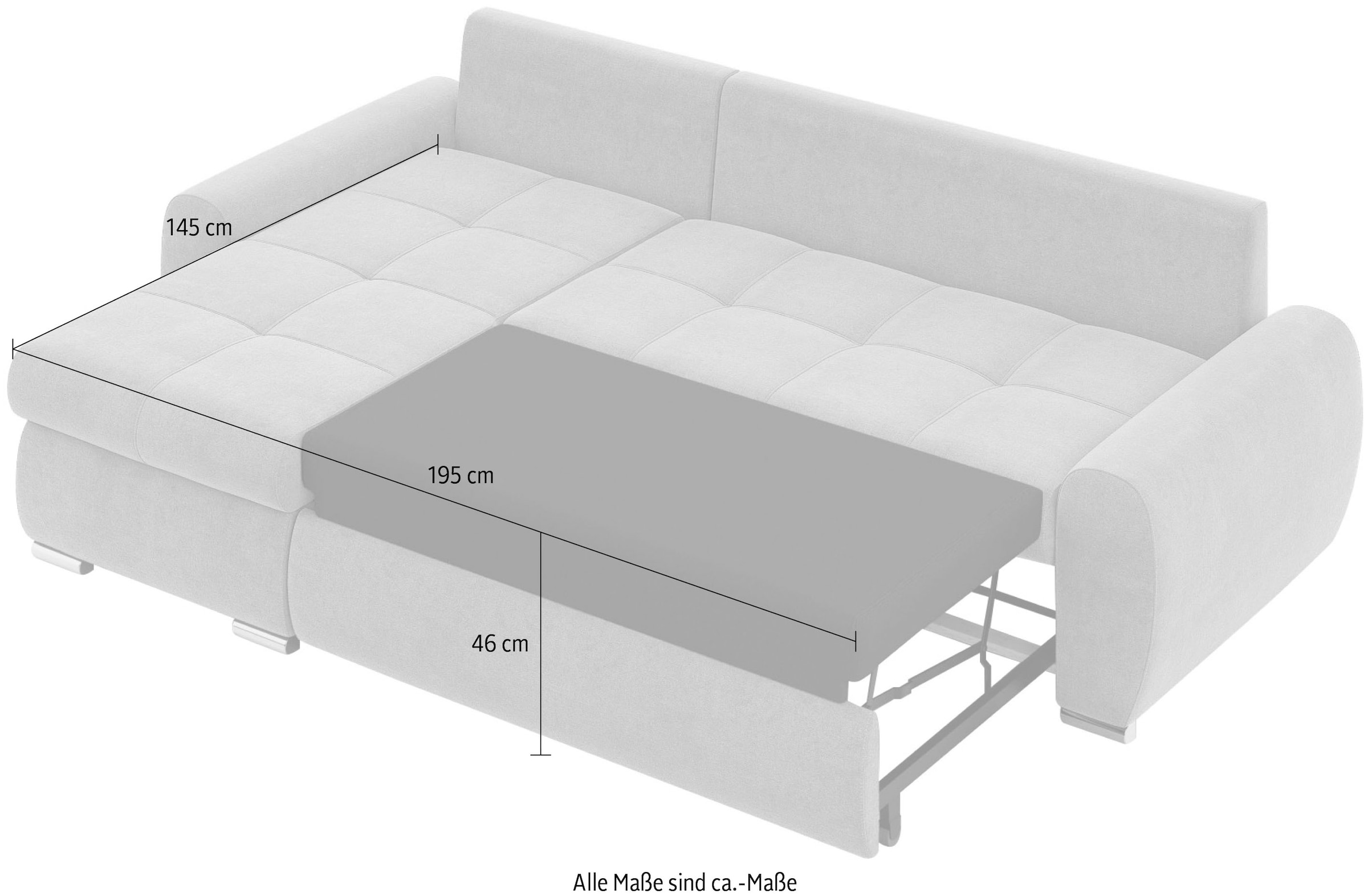 INOSIGN Ecksofa »HAVERHILL Schlafsofa mit Bettkasten, Masse B/H/T: 237/89/166 cm«, L-Form mit Recamiere links oder rechts bestellbar, Wellenunterfederung