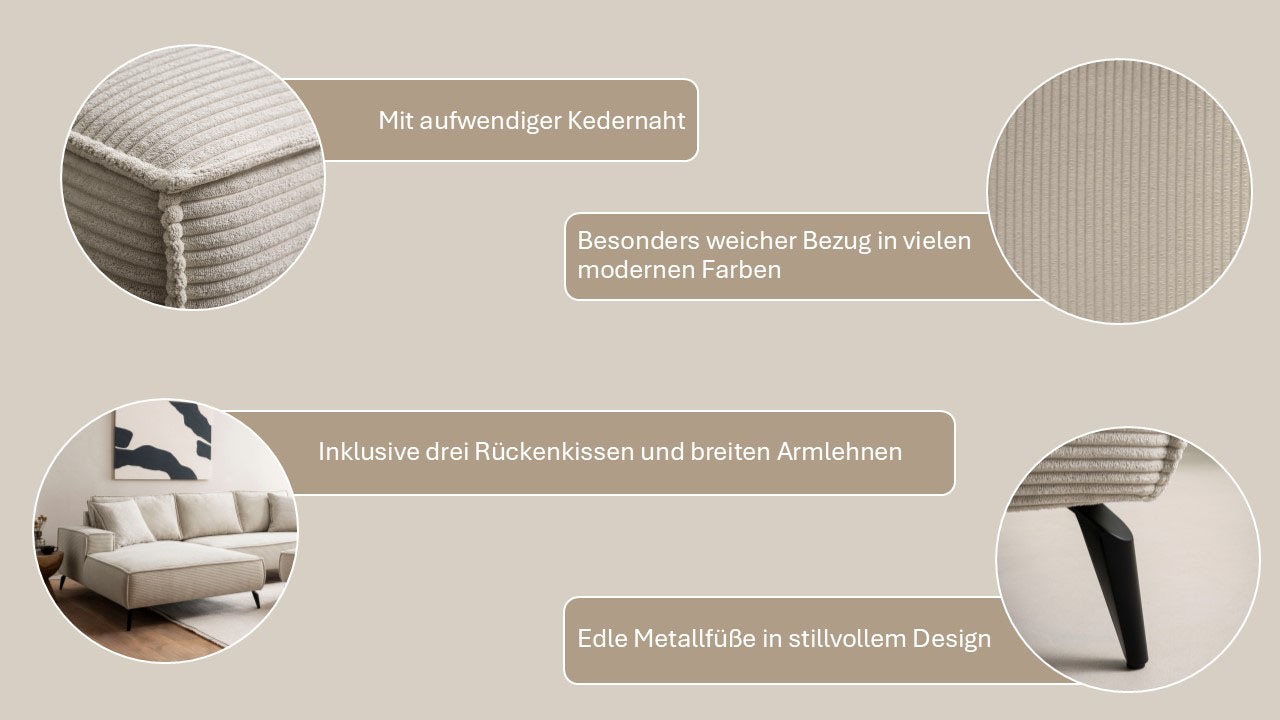 andas Ecksofa »TVINNU, L-Form in Cord, Sofa«, wahlweise Recamiere rechts/links, schwarze Füsse, bequemer Sitzkomfort
