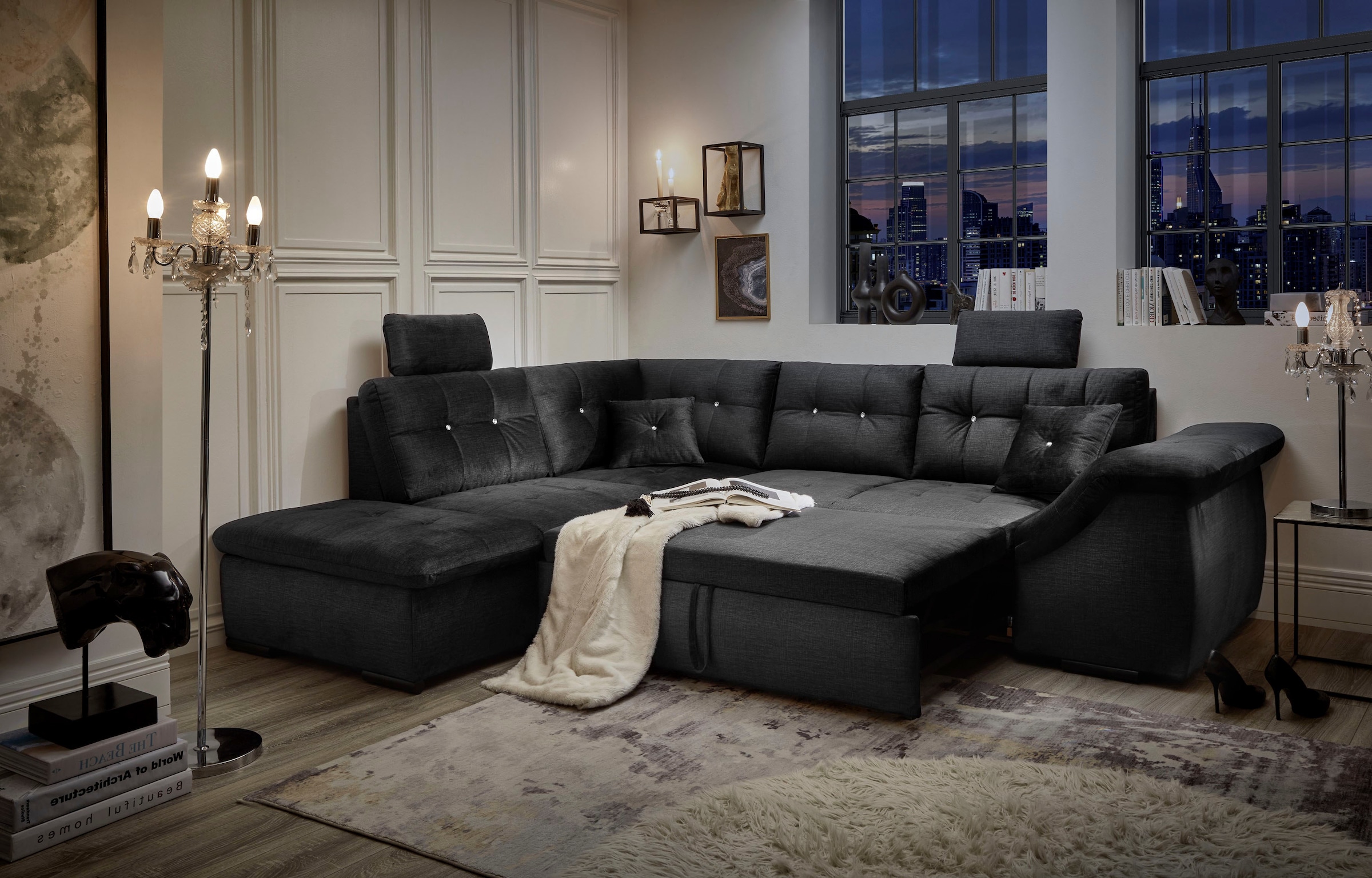 ED EXCITING DESIGN Ecksofa »Bolonia L-Form«, mit Bettfunktion, Bettkasten, Kopfstützen & 2 Zierkissen, Strasstein