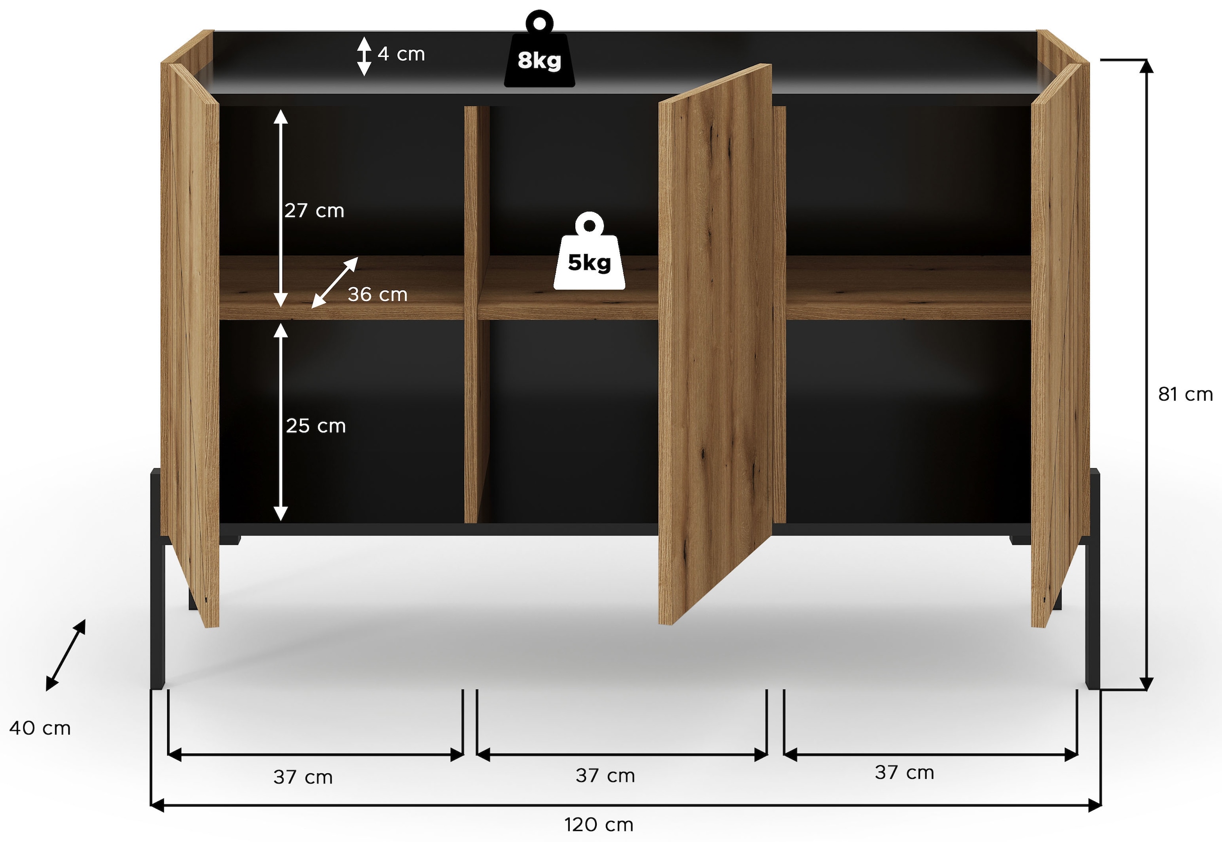 INOSIGN Sideboard »SNETT, Breite: 122cm, mit Metall-Stabfüssen, 3 Türen, 3 Einlegeböden« Anrichte, Kommode, Schrank, Board, Higboard