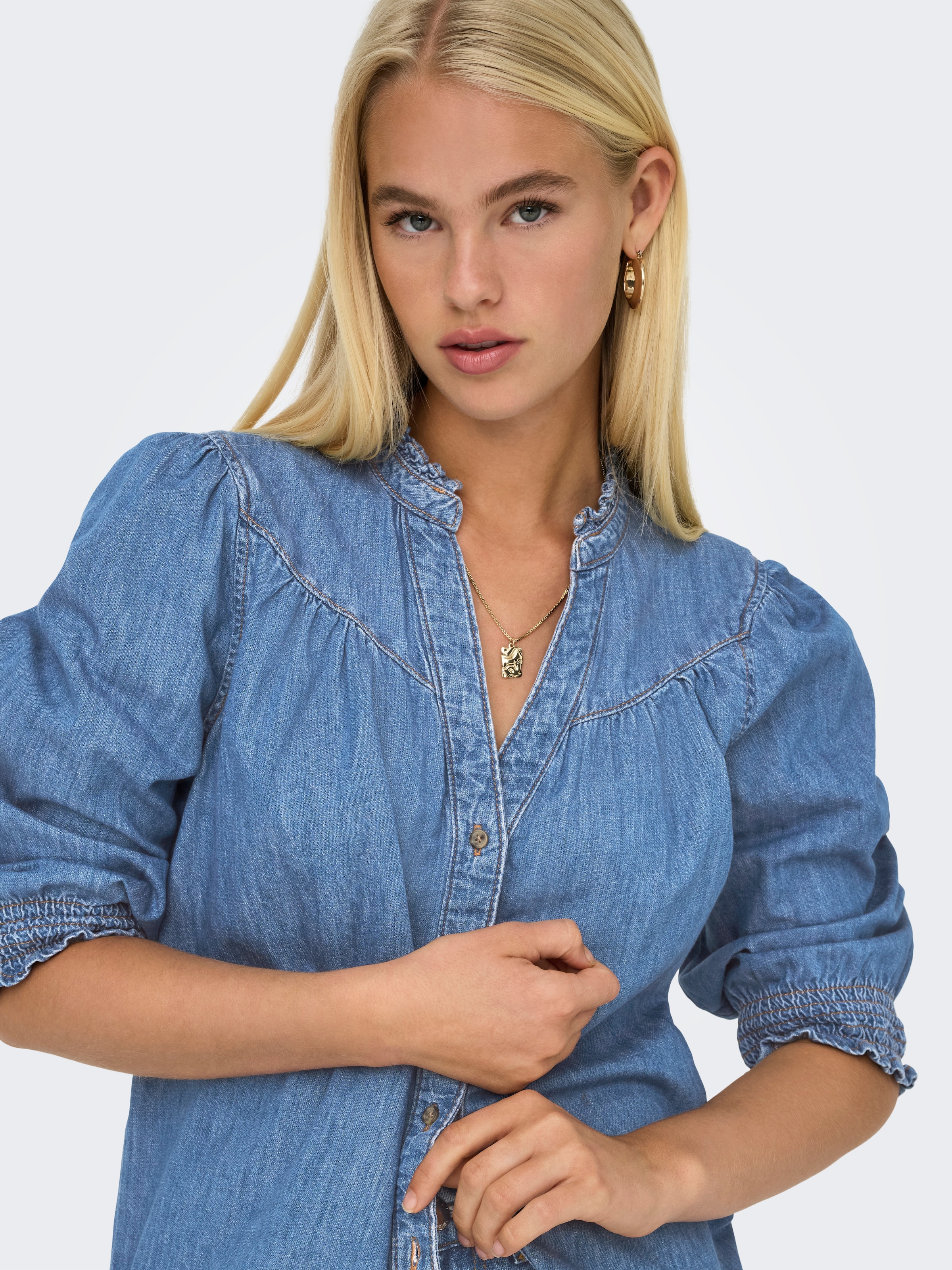 ONLY Blouse en jean »ONLRAYA 3/4 SHIRT DNM AKM NOOS« mit Rüschenkragen