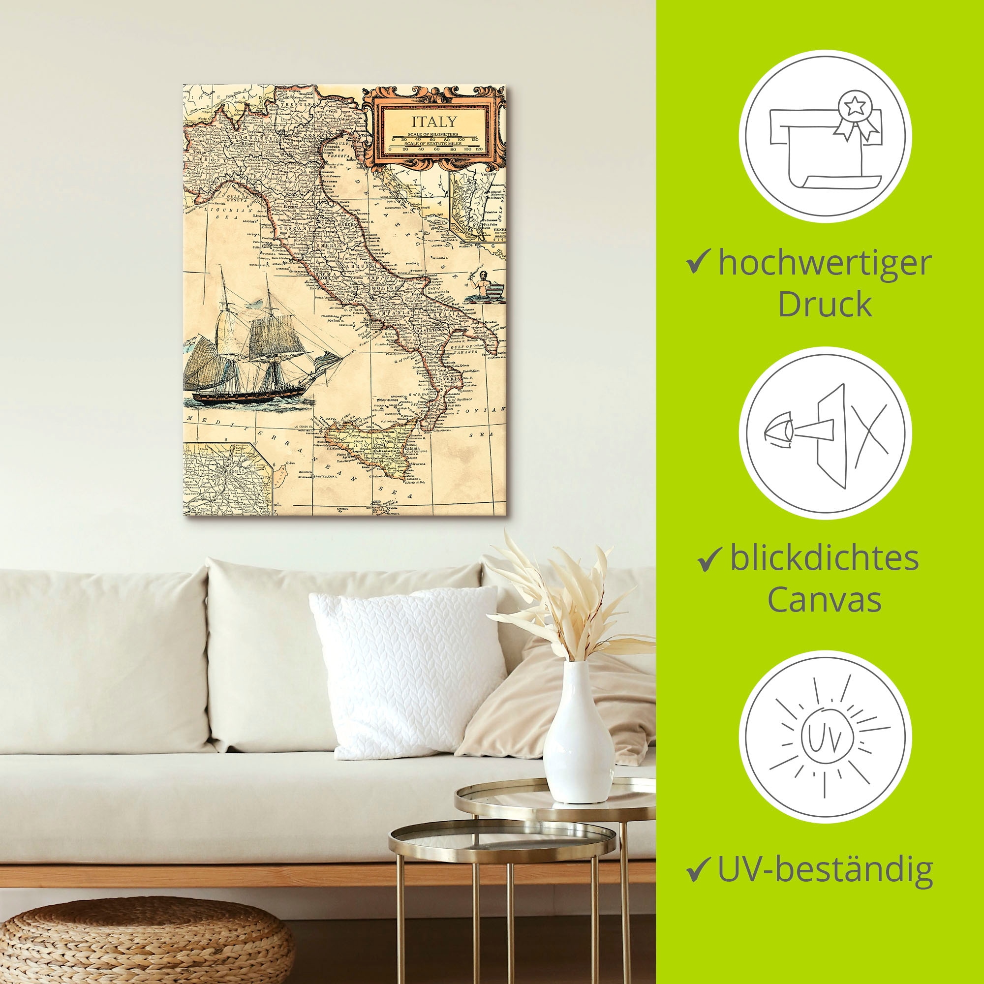 Artland Wandbild »Italienkarte«, Landkarten, (1 St.), als Leinwandbild, Poster in verschied. Grössen