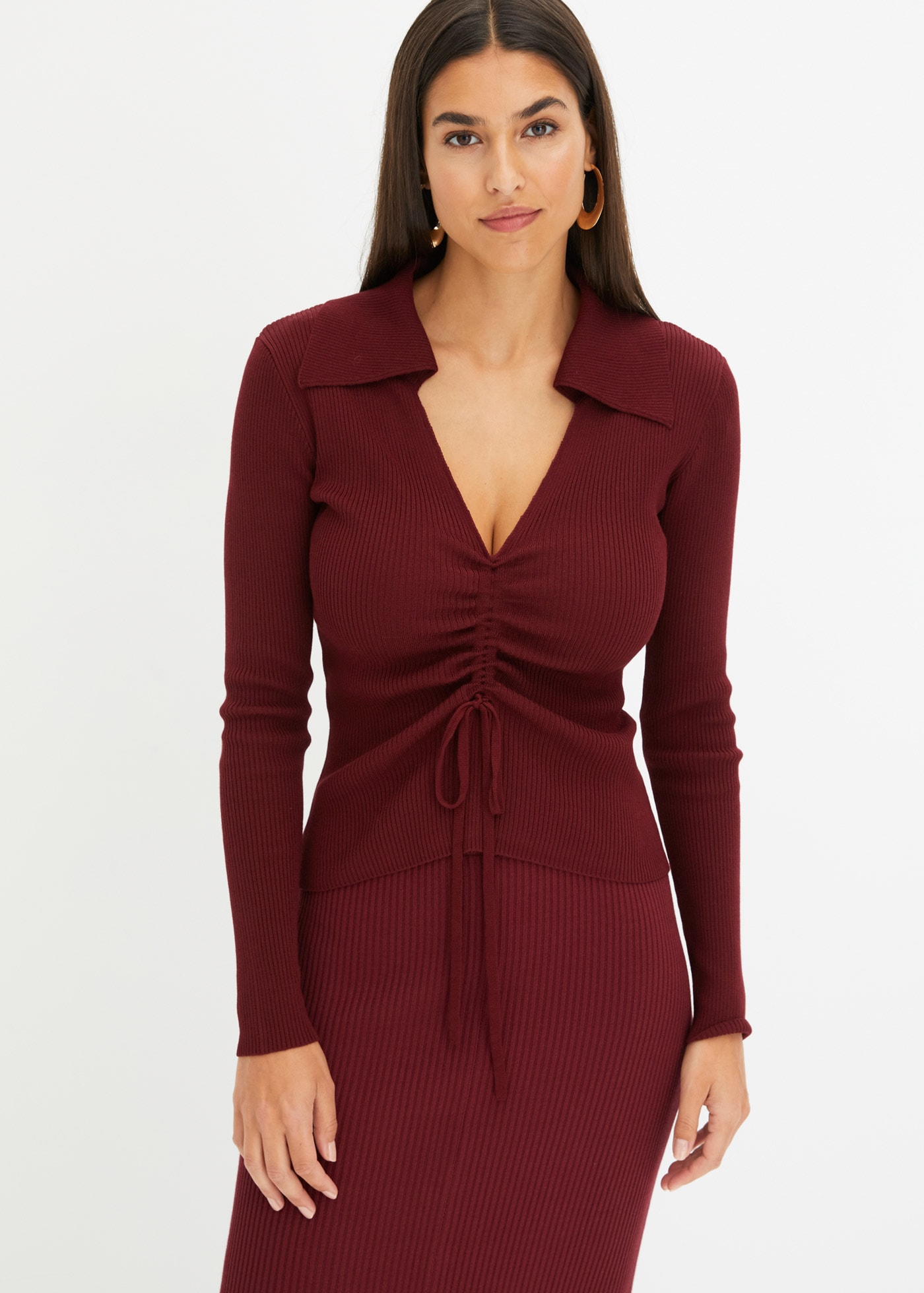 Image of bonprix Strickpullover "Pullover" Rippstrick, mit tiefem V-Ausschnitt, Kragen und verstellbarer Raffung