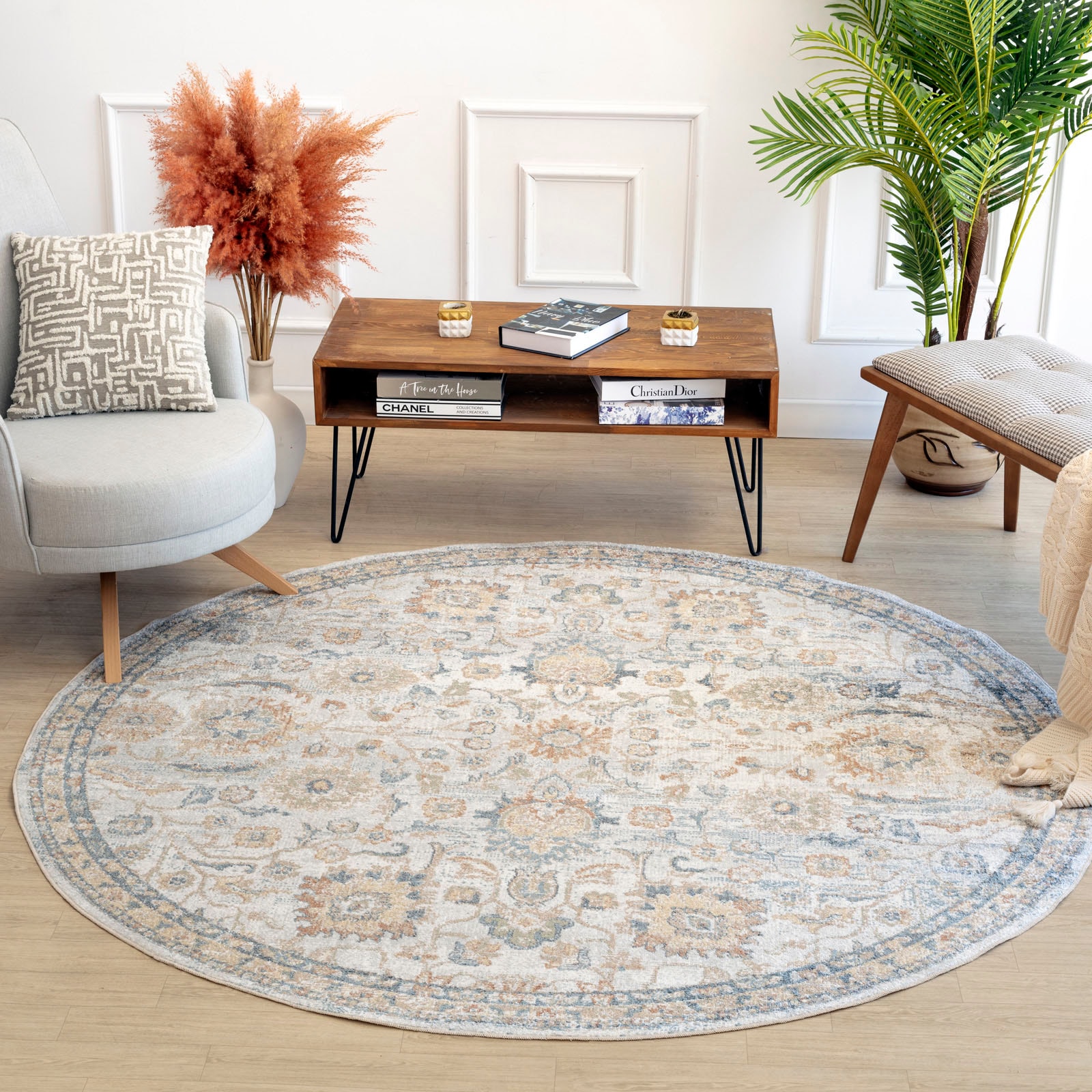 Image of Livabliss Teppich "CINCINMYRTLE AVENUE" rund 10 mm Höhe Maschinenwaschbar, Vintage Kurzflor Wohnzimmerteppich, Schlafzimmer