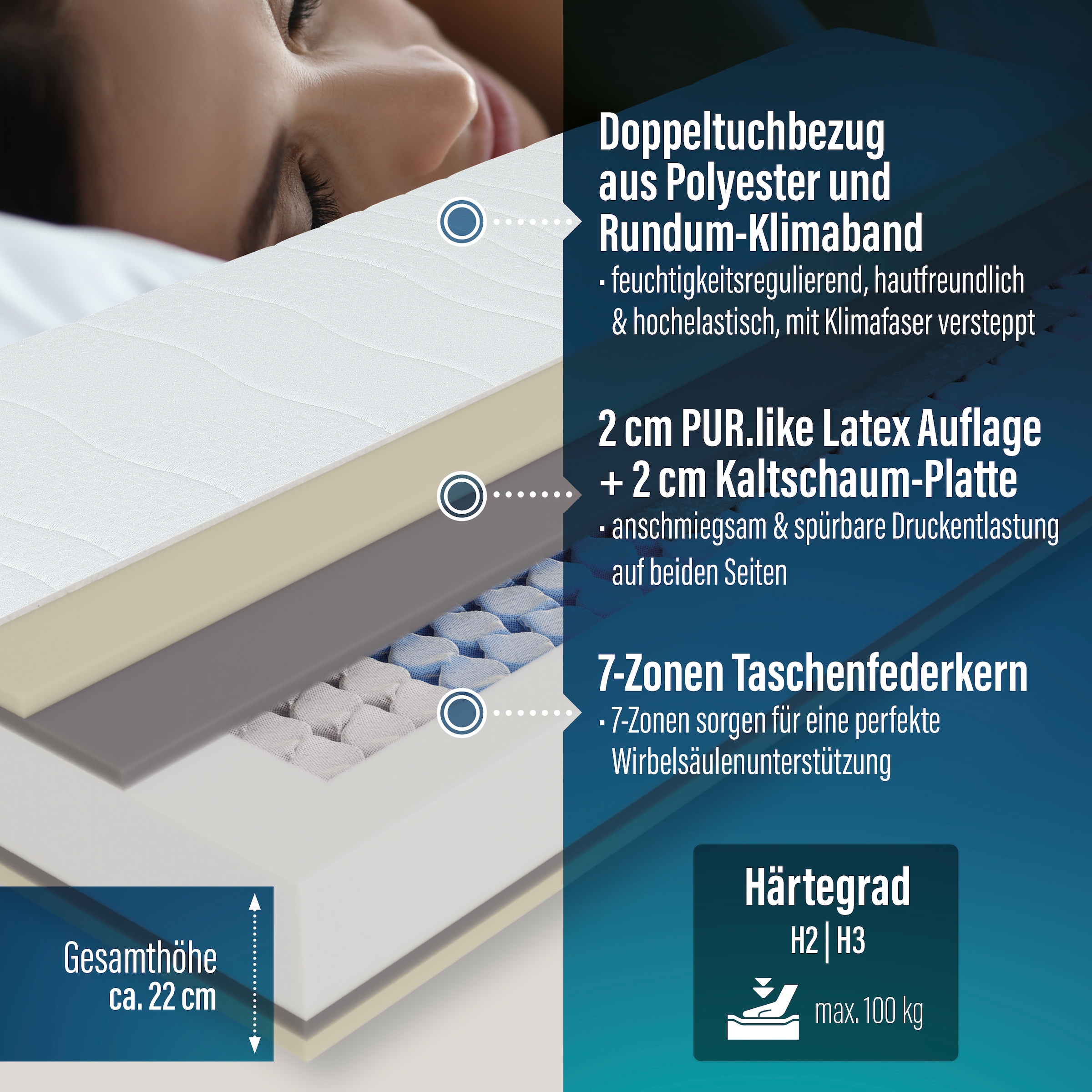 Beco Taschenfederkernmatratze »Feel Like Latex TWIN, Matratze 90x200 cm, 140x200 cm und mehr« 22 cm hoch 500 Federn 1 Stk. tlg. Premium-Hybridmatratze für besten Schlafkomfort, atmungsaktiv