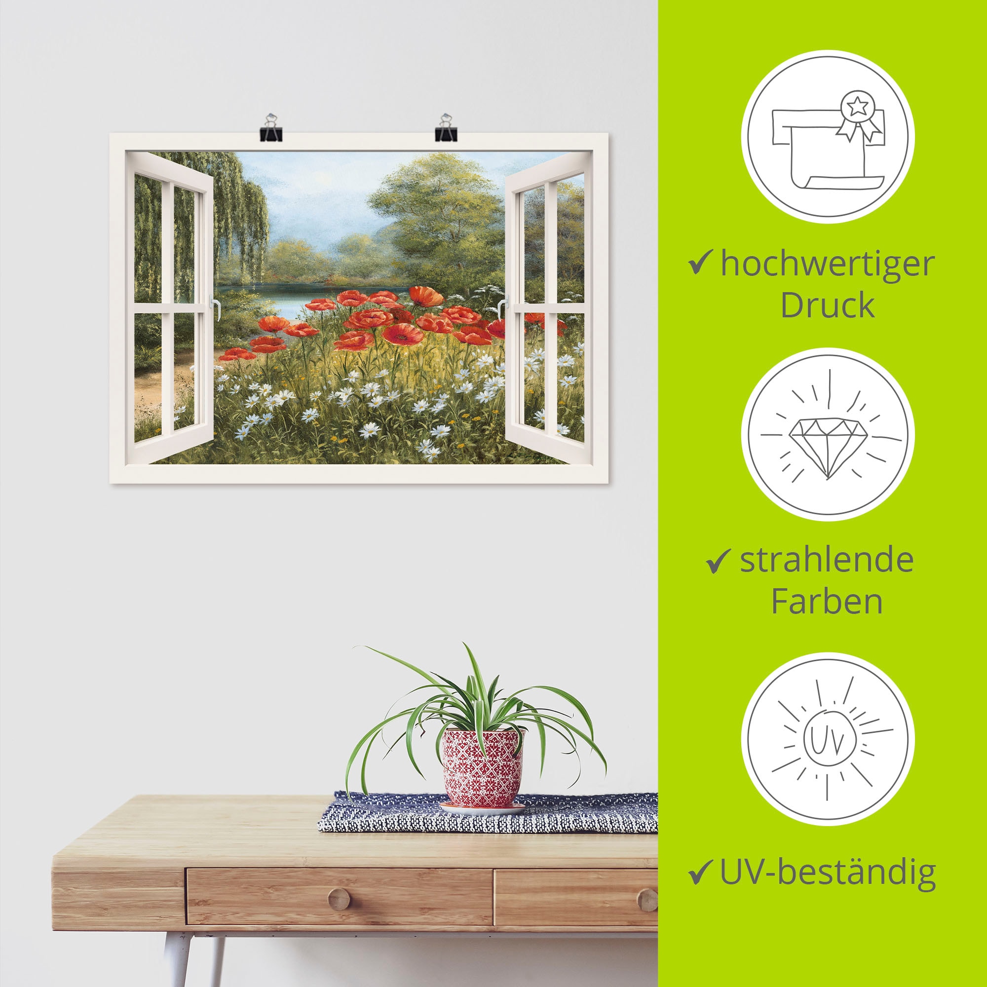 Artland Wandbild »Fensterblick Mohnwiese«, Fensterblick, (1 St.), als Leinwandbild, Poster in verschied. Grössen