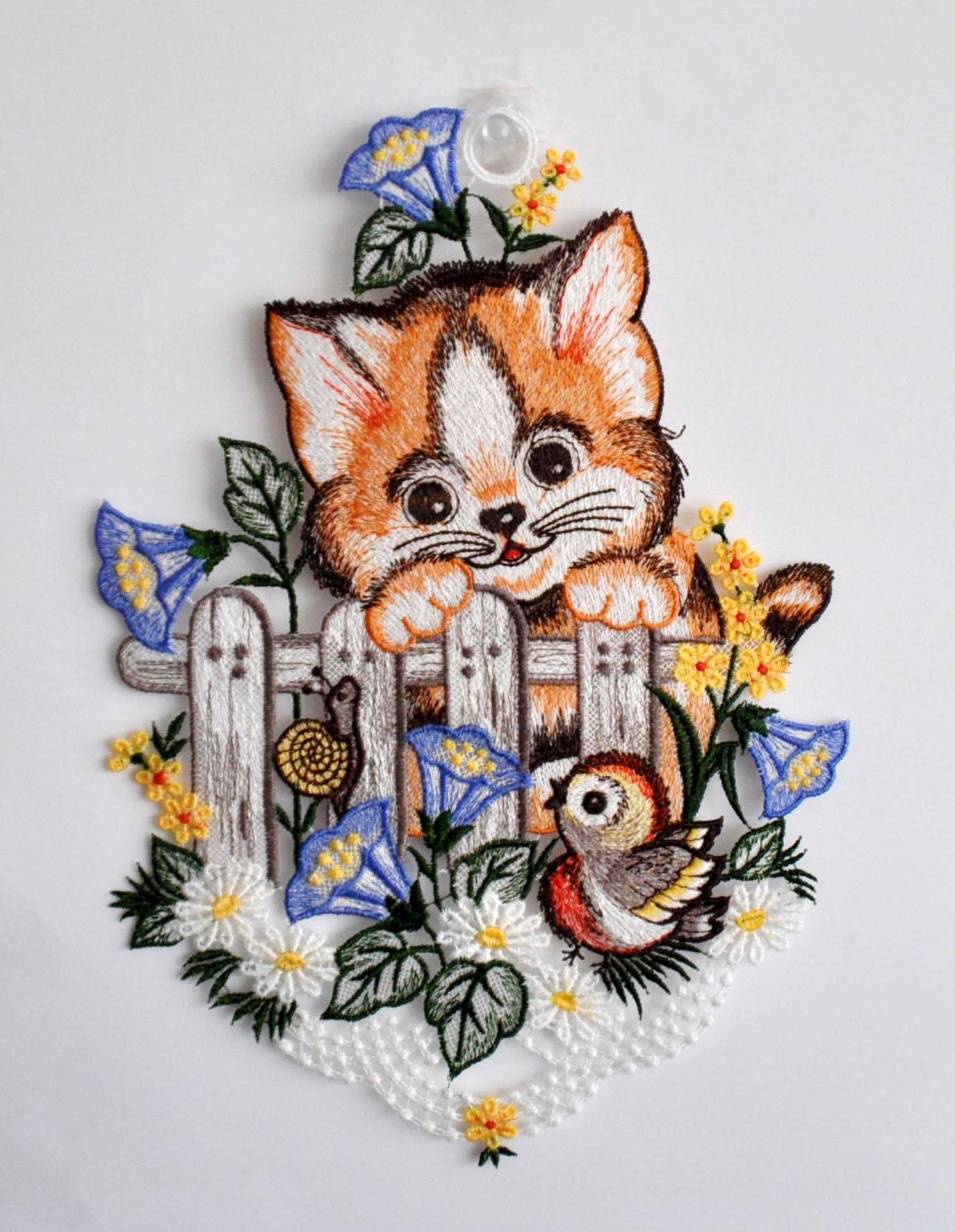 Image of Stickereien Plauen Fensterbild "Katze am Zaun"