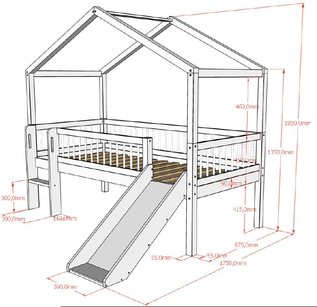 Vipack Lit de maison »Forrest ist ein hochwertiges Massivholz Haus Bett "Made in Europe"« Incl. sommier à lattes roulantes, structure de toit, protection anti-chute, échelle et toboggan,  au choix en chêne massif huilé ou hêtre massif laqué blanc