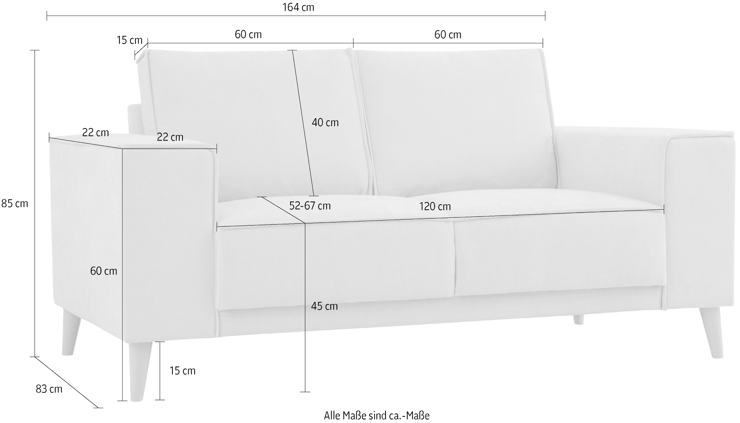GOODproduct 2-places »Oland Skandi, weicher Chenille-Stoff« 164 cm, Wellenunterfederung, Skandi-Design, Massivholzfüsse