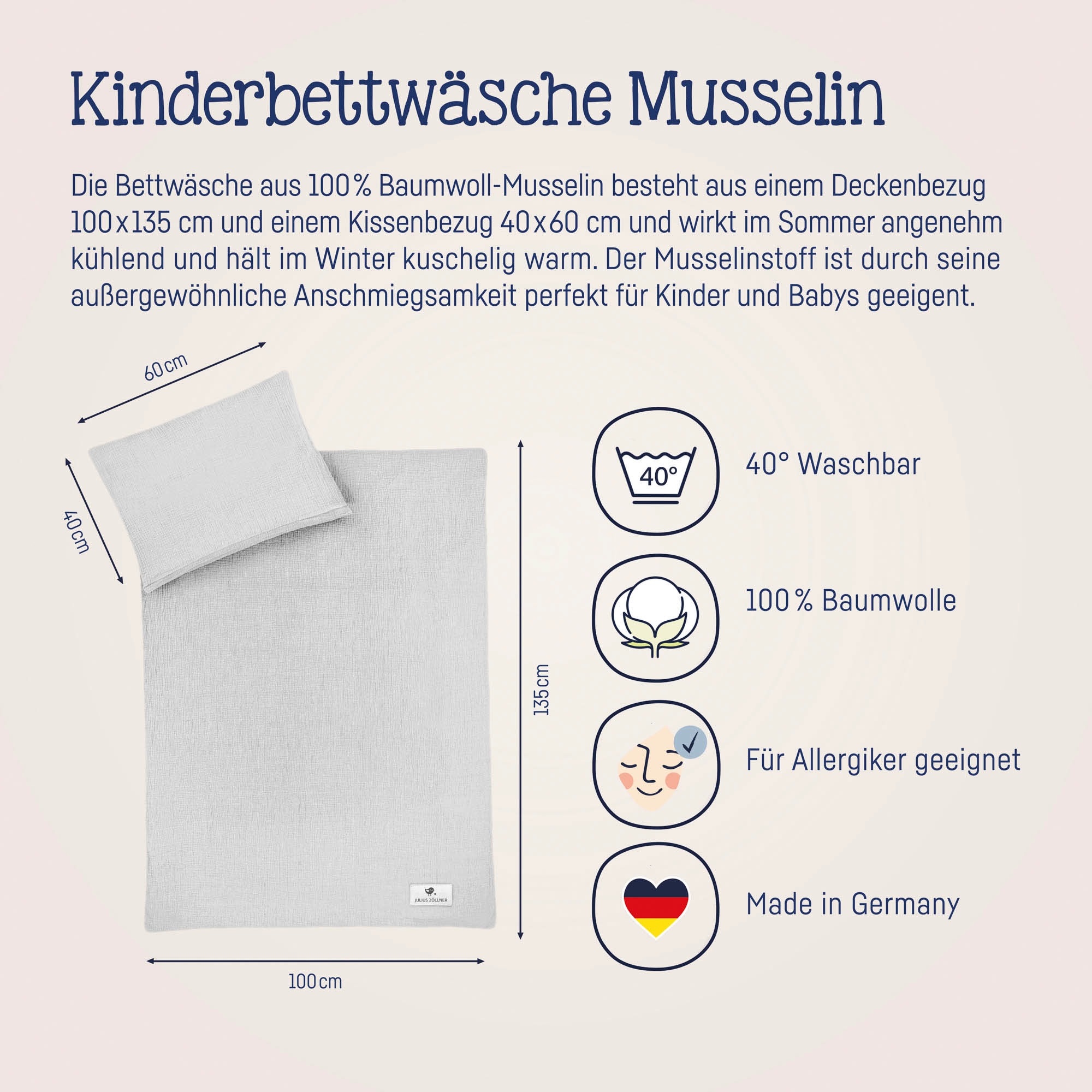 Julius Zöllner Kinderbettwäsche »Baby- und Kinderbettwäsche aus 100% Musselin«, erhältlich in den Grössen 80x80+35x40cm und 100x135+40x60cm