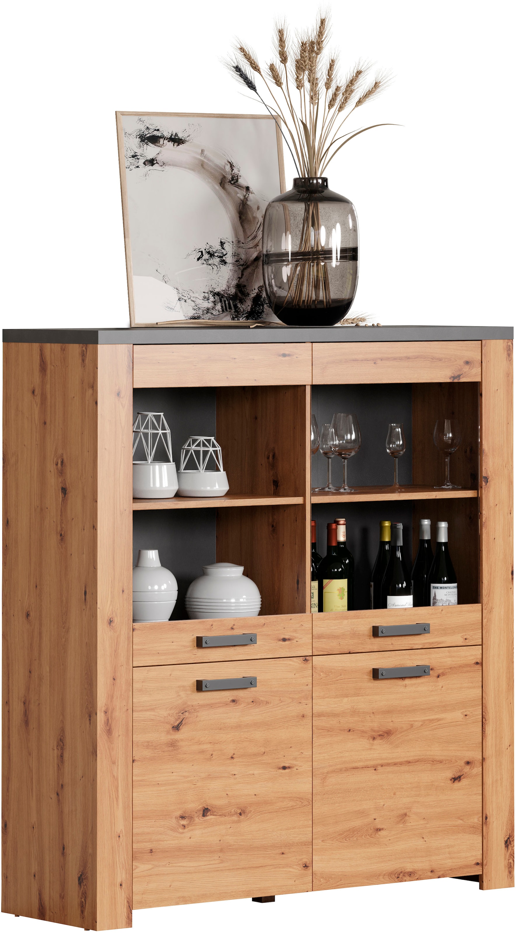 Home affaire Highboard »Ambres«, (1 St.), Vitrine, Echtholzoptik, ca. Masse BxH: 127x139 cm