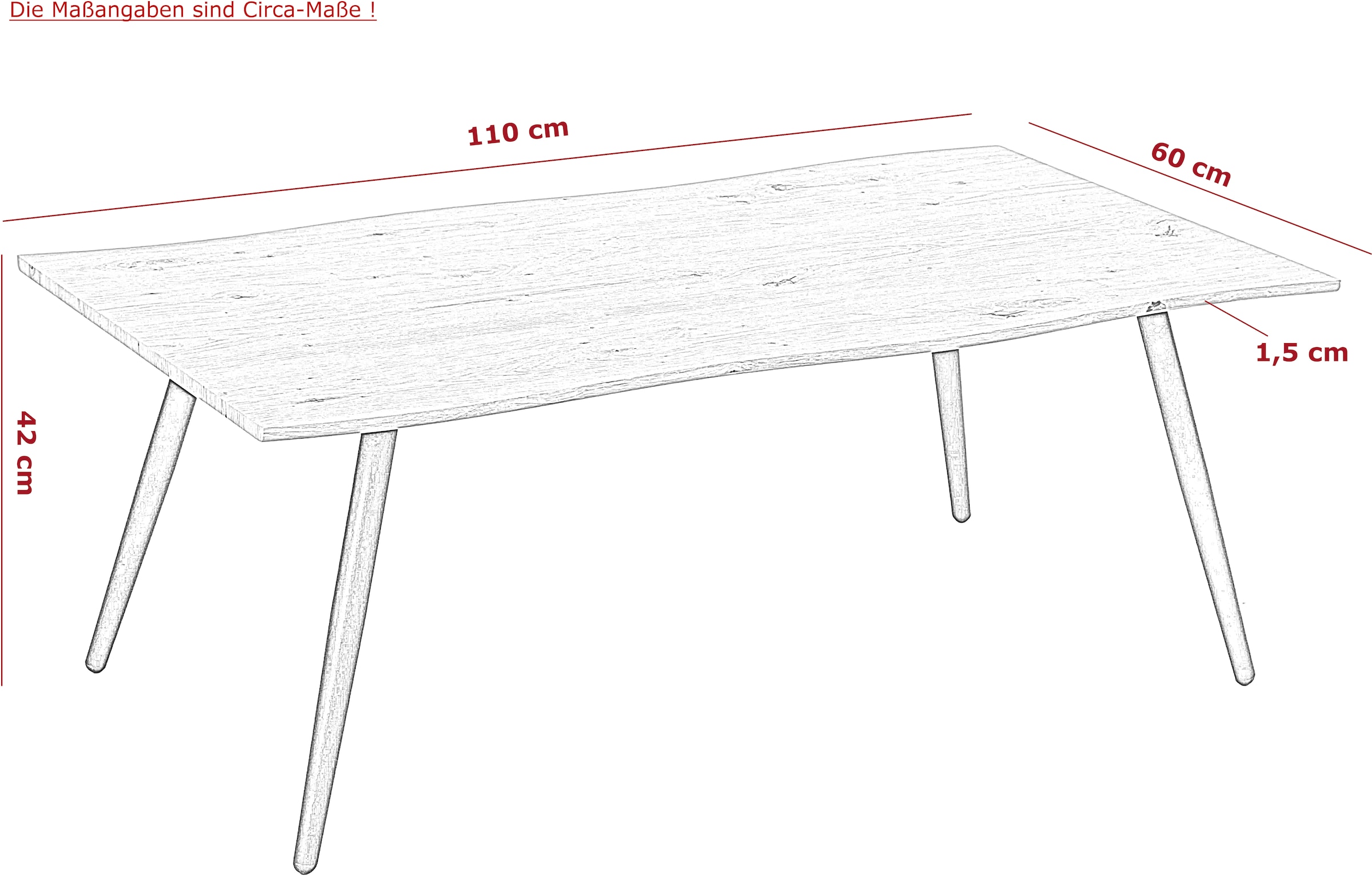 HELA Couchtisch »ZAGREB« 1 Stk. tlg. Baumkantenoptik,Vierfuss,Rundrohr,fest,110 x 60 cm