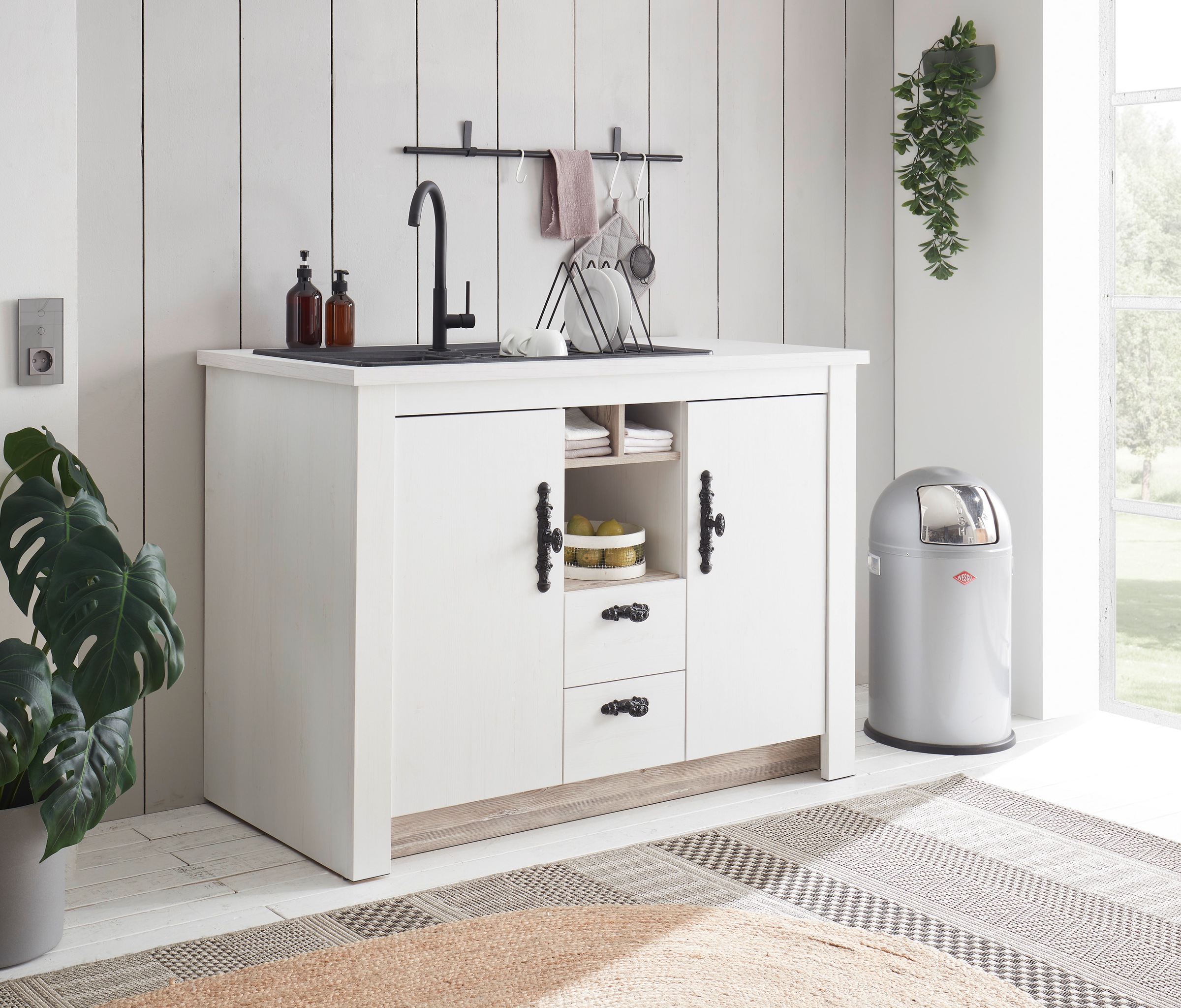 Home affaire Spülenschrank "Florenz, Küchenunterschrank in Pinie Weiß, Unterschrank" mit verschnörkeltem Metallgriff, im Landhausstil, Arbeitshöhe 92 cm