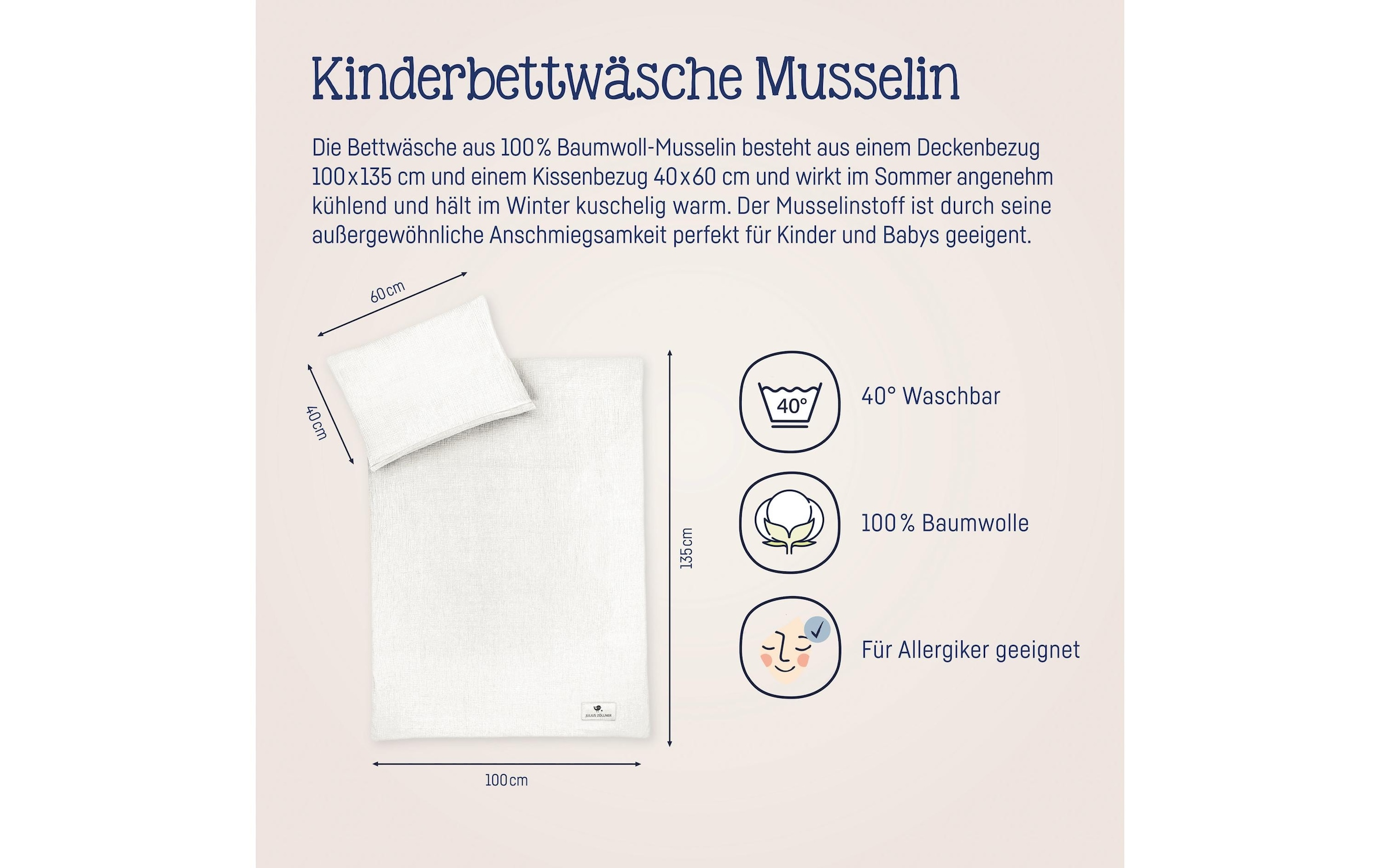 Julius Zöllner Kinderbettwäsche »Musselin Ivory 100 x 135 + 40 x 60 cm«, (2 tlg.)