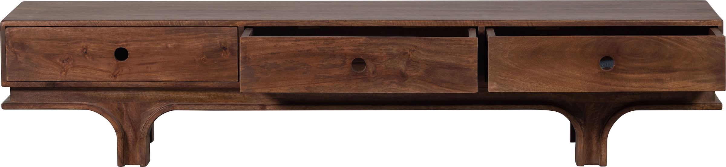 Image of WOOOD Lowboard "Staes Massivholz Mangoholz mit Gefräster Griff, H 37 x B 180 x T 45 cm" Tragkraft Deckplatte 50 kg, Auszüge je 15 kg, montiert geliefert
