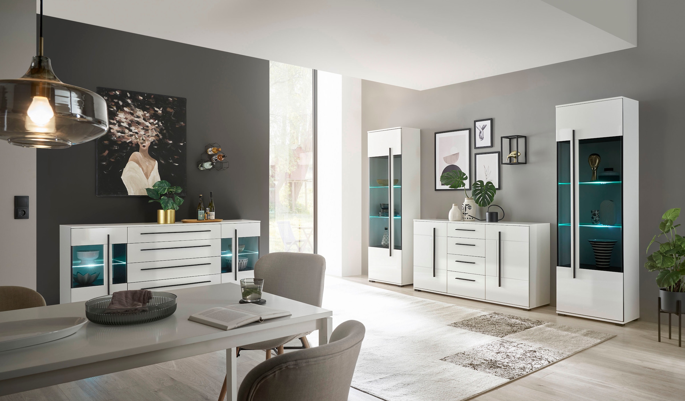 INOSIGN Wohnwand »Cantara, moderne Anbauwand, Wohnzimmer-Set, in Eiche Evoke oder Weiss«, (Set), enthält zwei Vitrinen und ein Sideboard